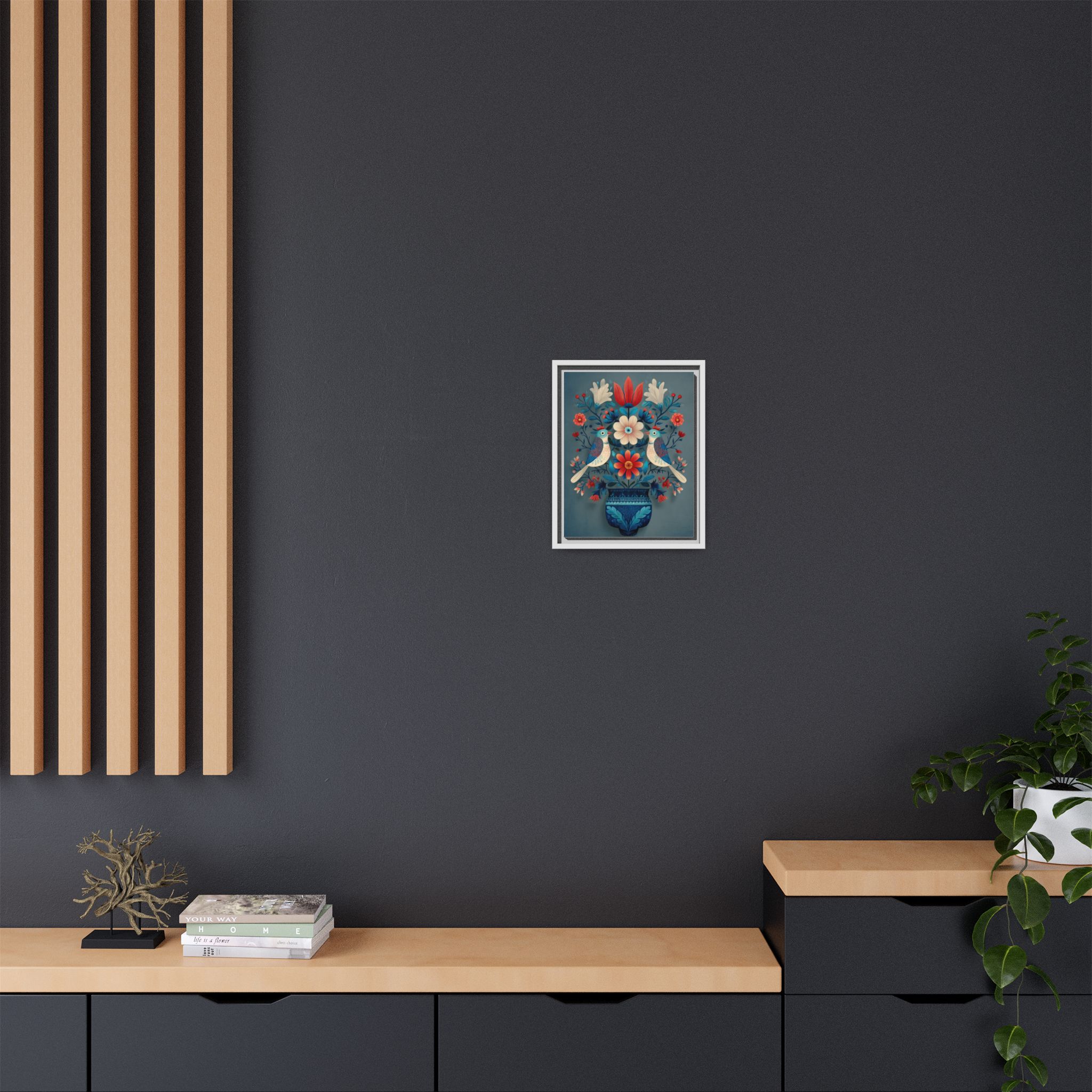 Folk Art Birds Floral Vase Print | Scandinavian Style Wall Art | Framed Canvas Print - Image 36