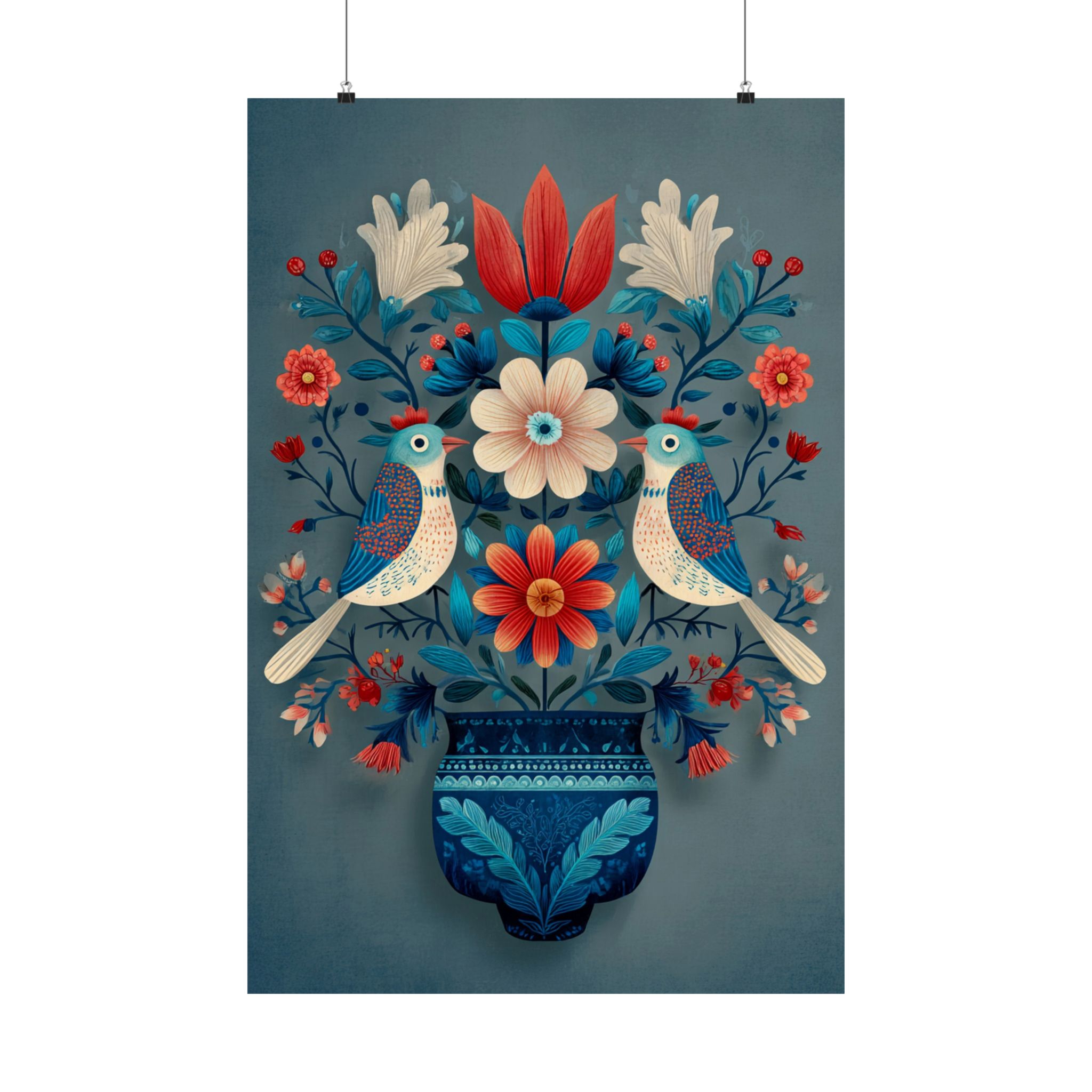 Folk Art Birds Floral Vase Print | Scandinavian Style Wall Art | Matte Poster Print - Image 21