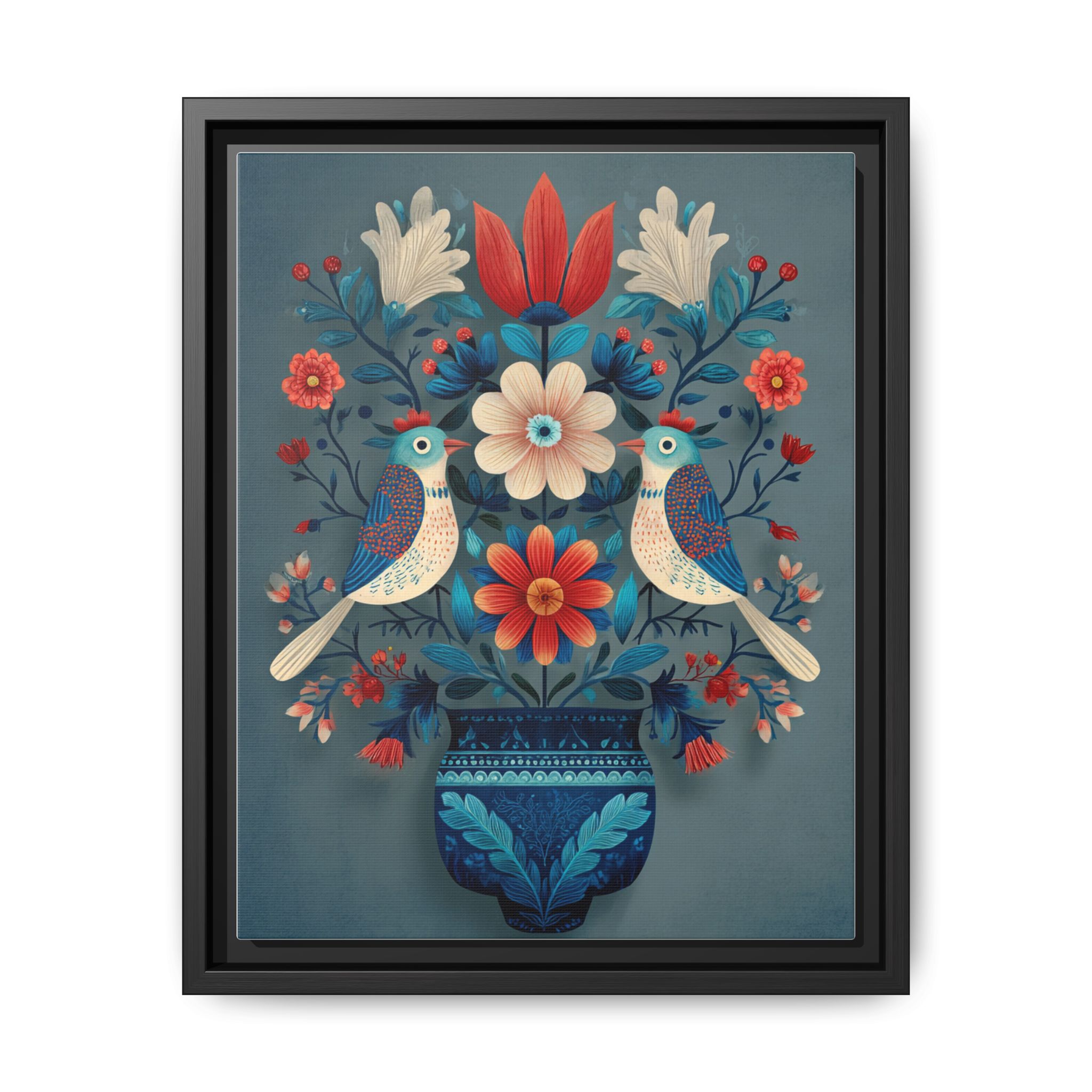 Folk Art Birds Floral Vase Print | Scandinavian Style Wall Art | Framed Canvas Print - Image 37