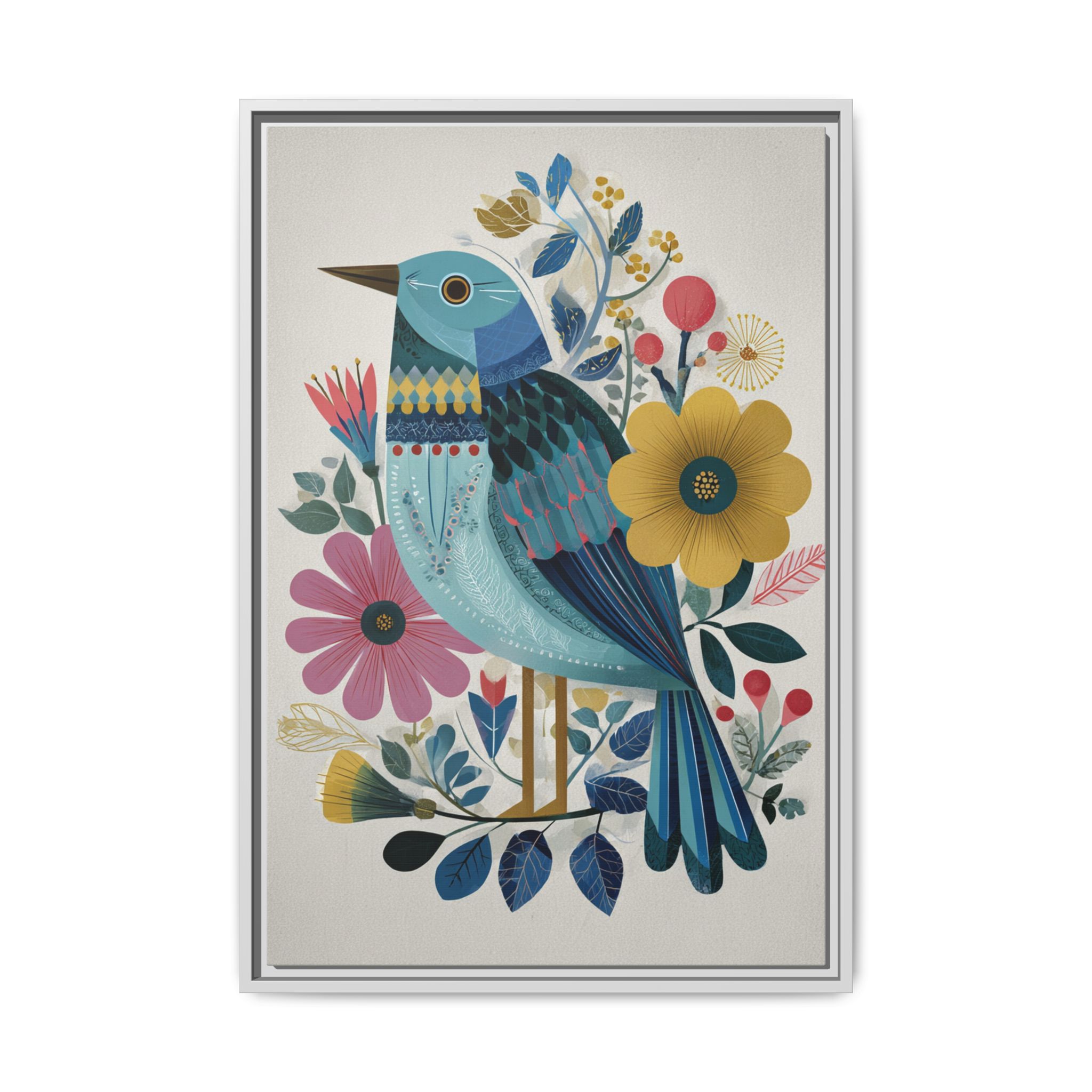 Folk Art Bird Print | Colorful Floral Nature Poster | Framed Canvas Print - Image 5