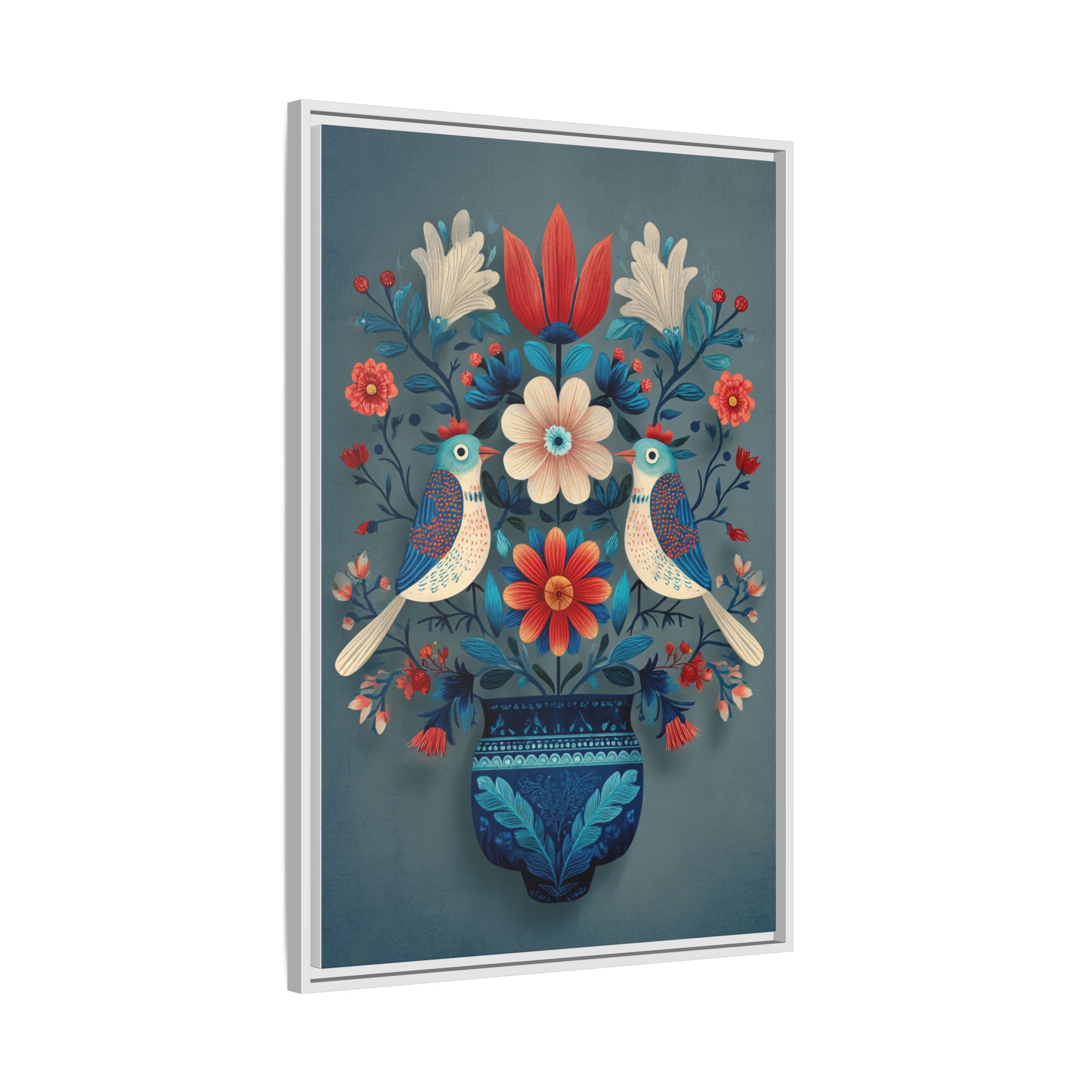 Folk Art Birds Floral Vase Print | Scandinavian Style Wall Art | Framed Canvas Print - Image 22