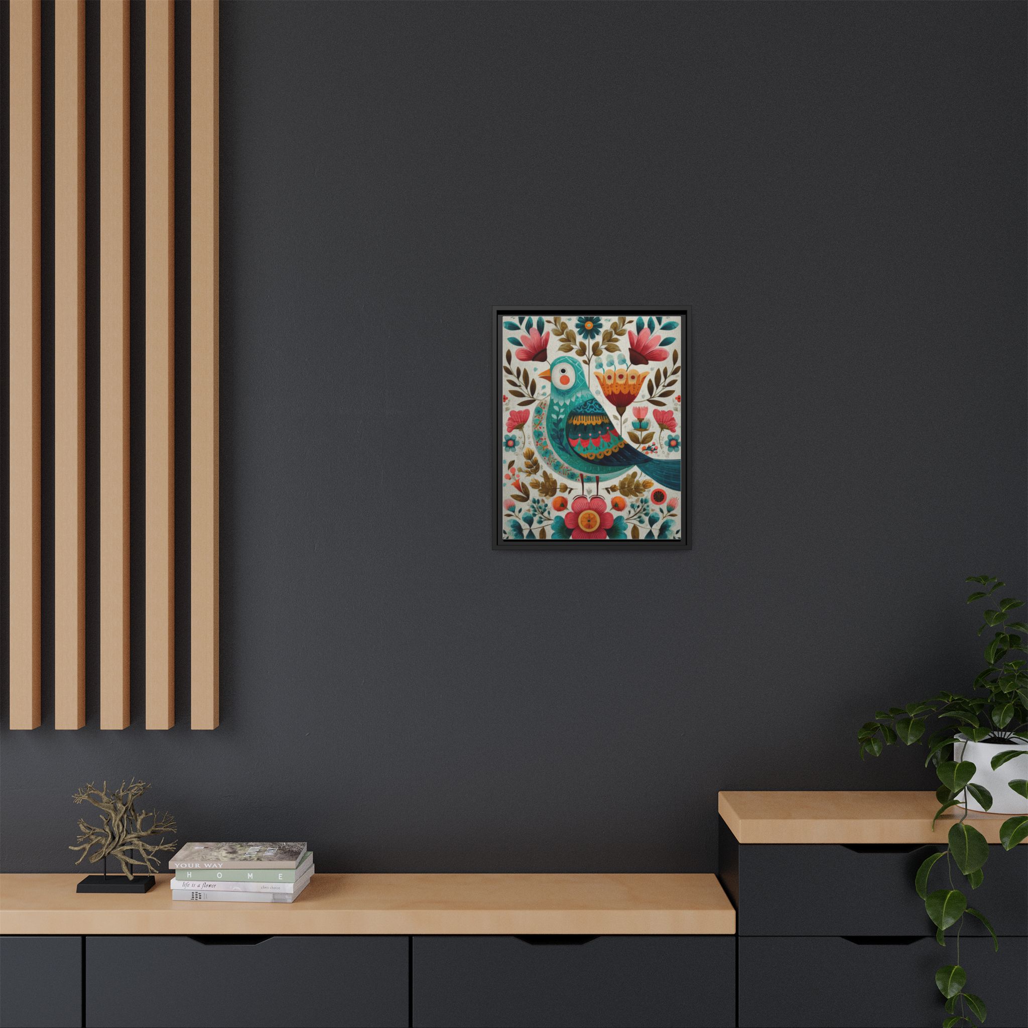 Folk Art Bird Print | Scandinavian Floral Illustration Boho | Framed Canvas Print - Image 16