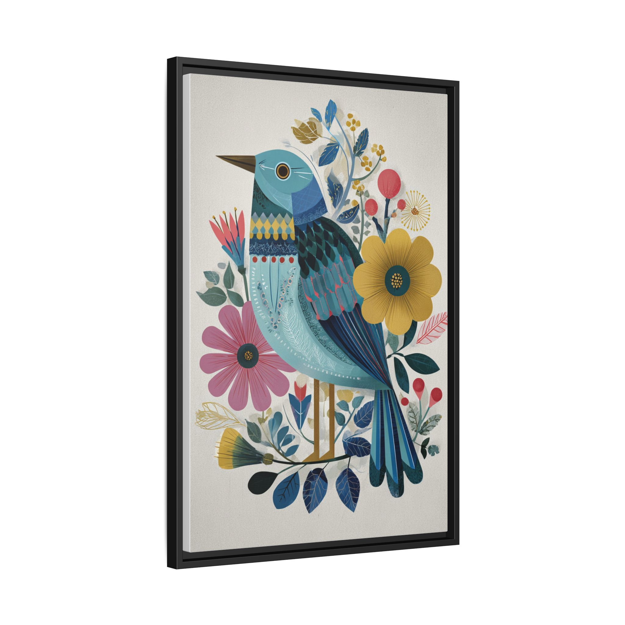 Folk Art Bird Print | Colorful Floral Nature Poster | Framed Canvas Print - Image 2