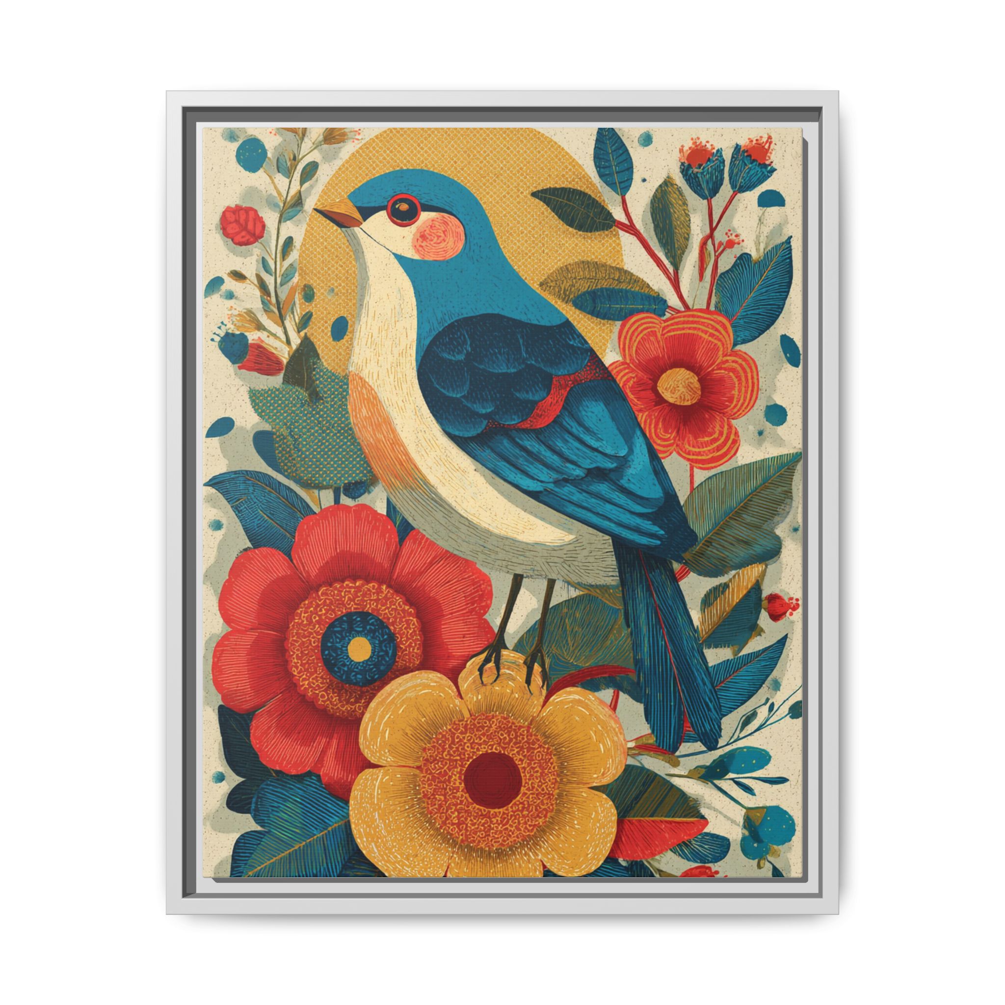 Folk Art Bird Print | Vintage Botanical Floral Illustration | Framed Canvas Print - Image 9