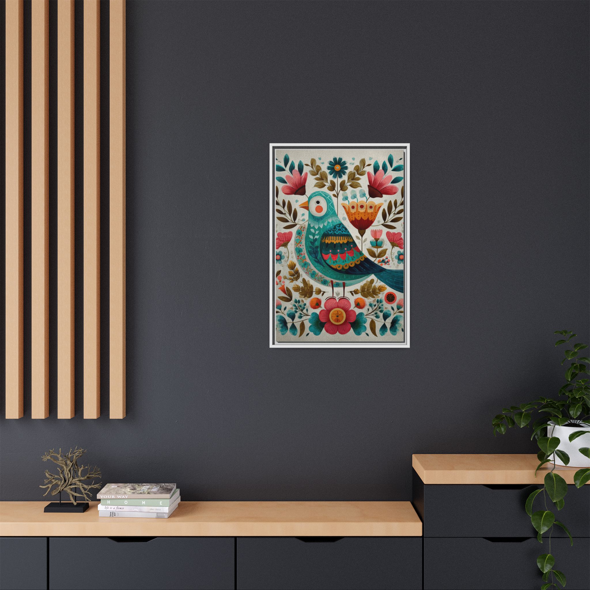 Folk Art Bird Print | Scandinavian Floral Illustration Boho | Framed Canvas Print - Image 8
