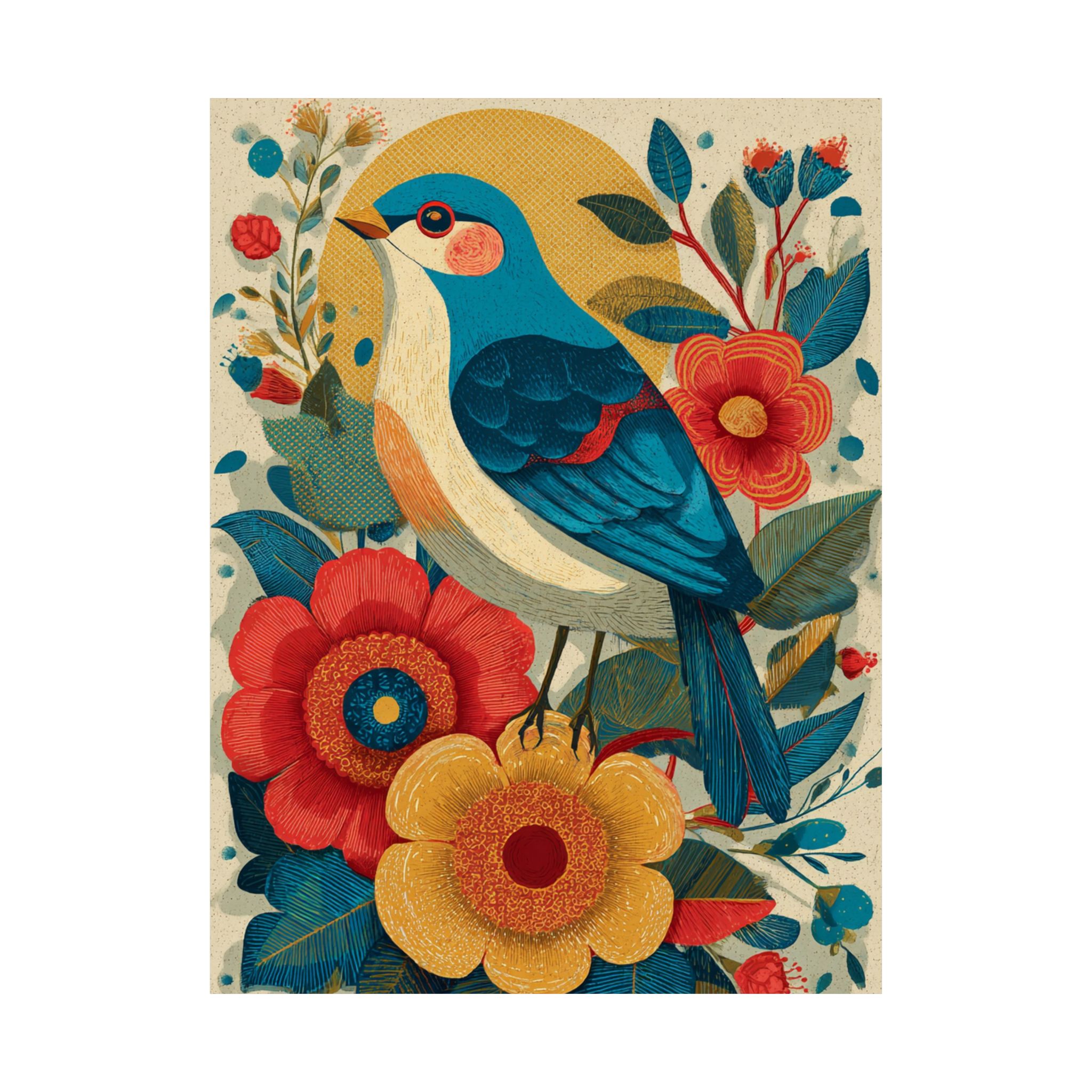 Folk Art Bird Print | Vintage Botanical Floral Illustration | Matte Poster Print - Image 6