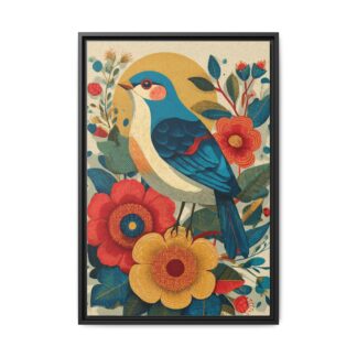 Folk Art Bird Print | Vintage Botanical Floral Illustration | Framed Canvas Print