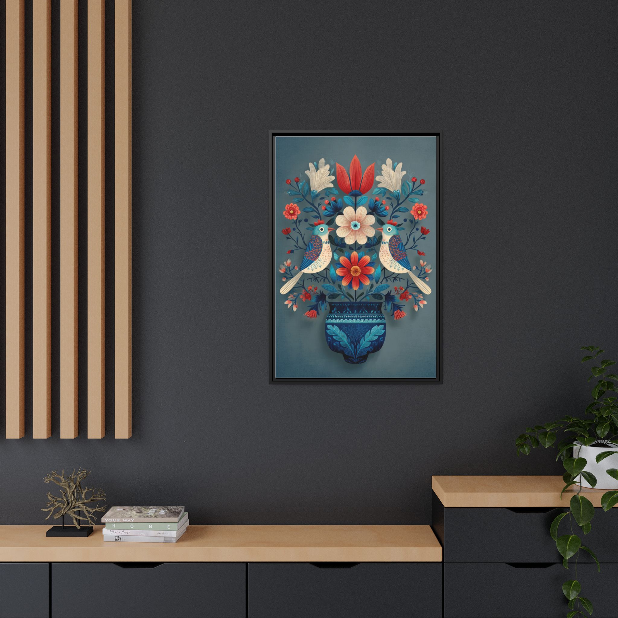 Folk Art Birds Floral Vase Print | Scandinavian Style Wall Art | Framed Canvas Print - Image 20