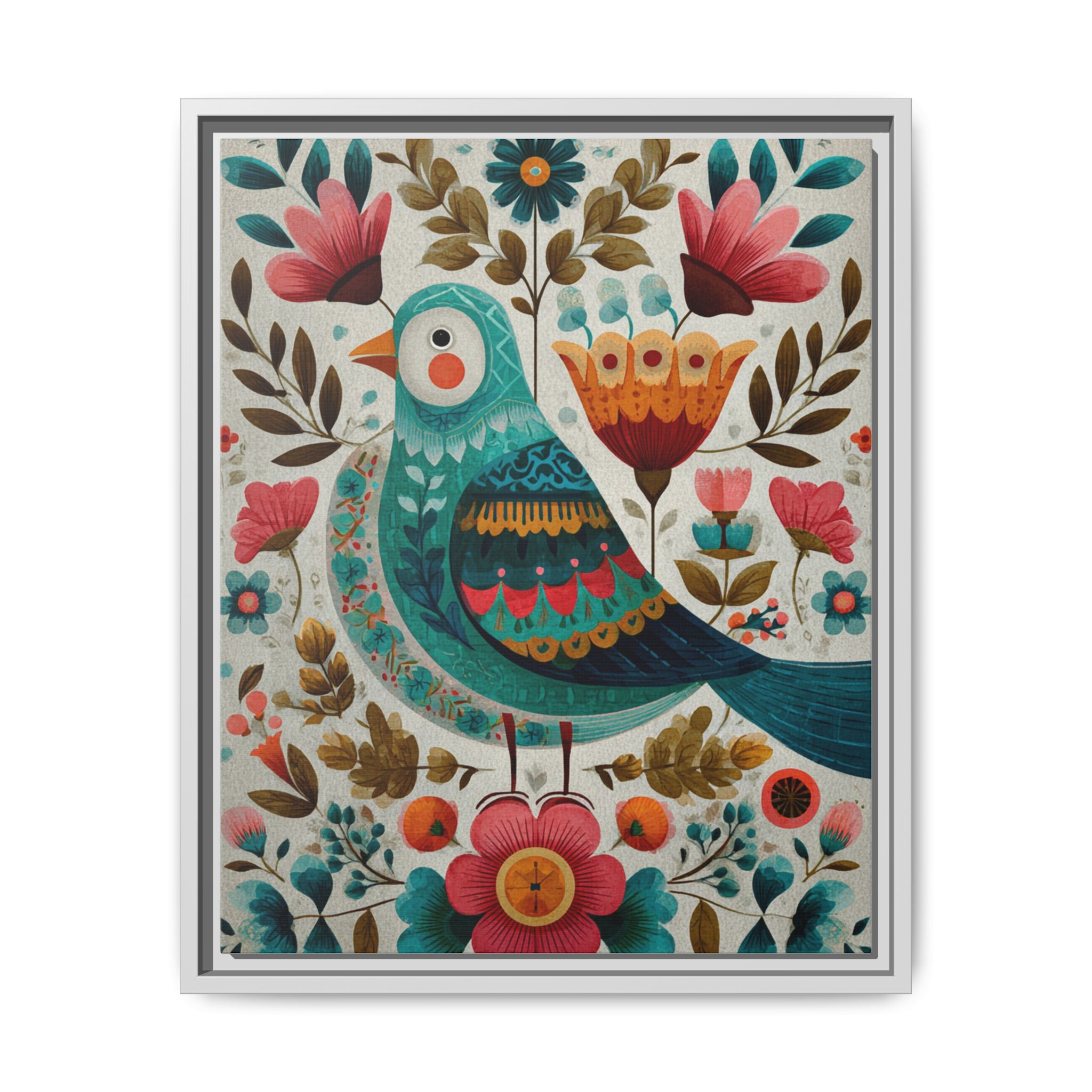 Folk Art Bird Print | Scandinavian Floral Illustration Boho | Framed Canvas Print - Image 9