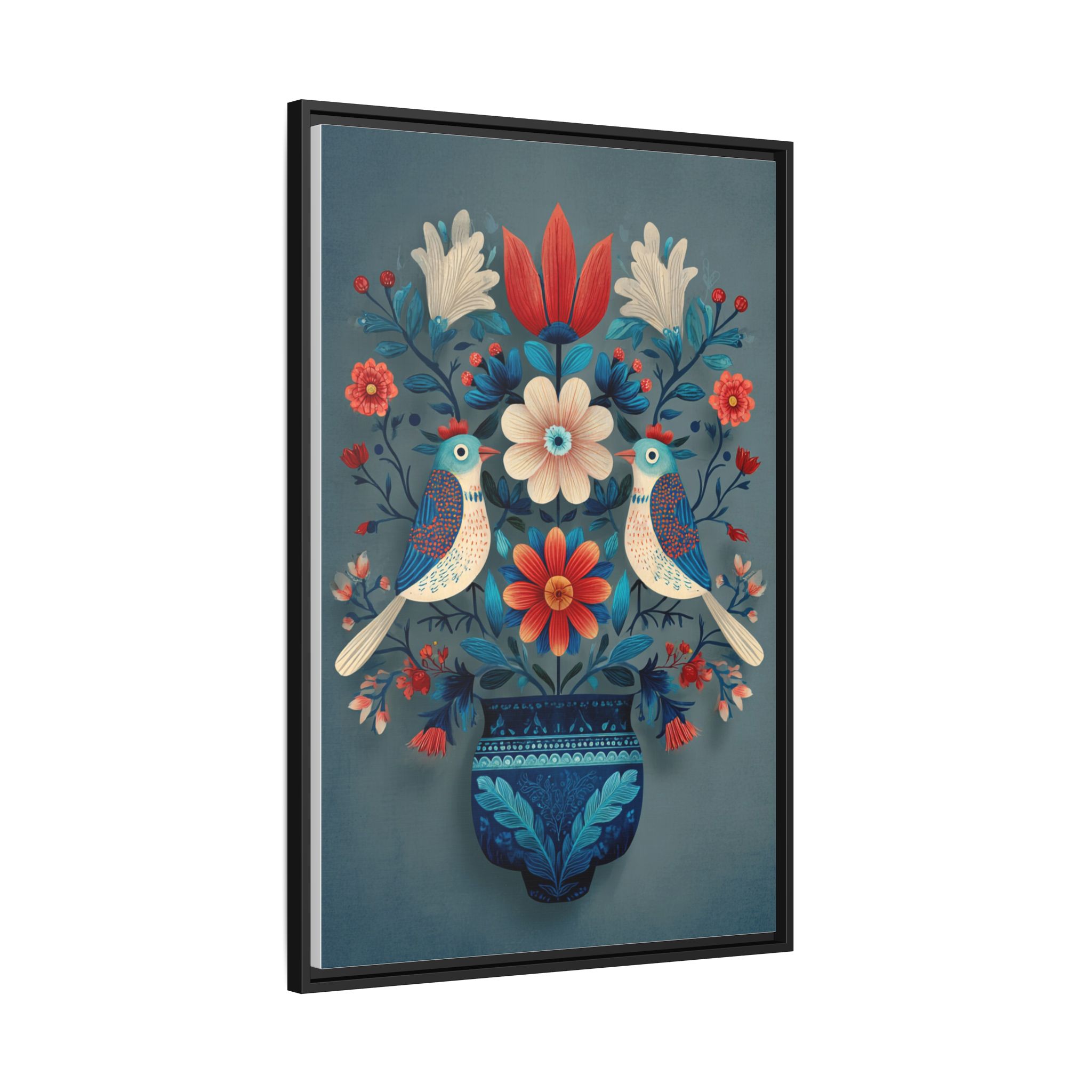 Folk Art Birds Floral Vase Print | Scandinavian Style Wall Art | Framed Canvas Print - Image 18