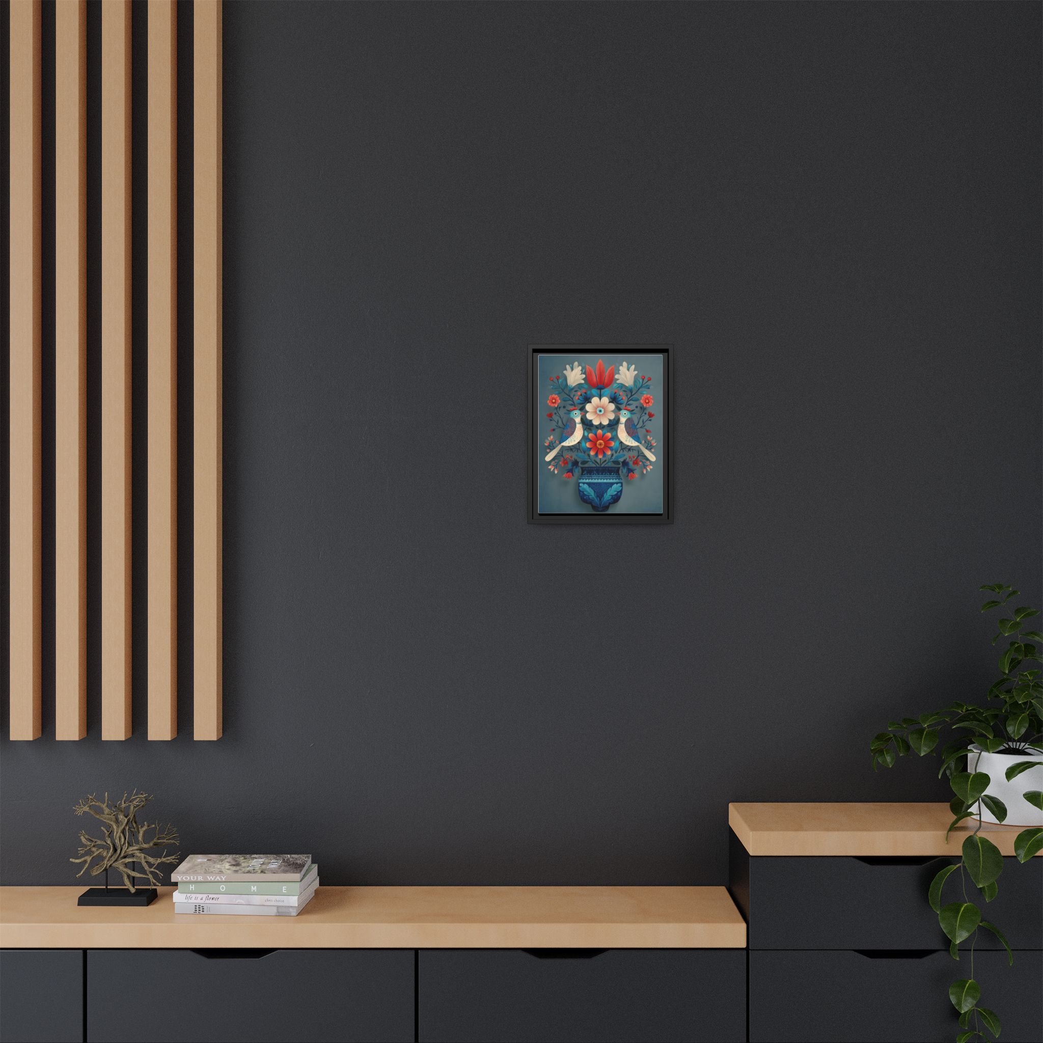 Folk Art Birds Floral Vase Print | Scandinavian Style Wall Art | Framed Canvas Print - Image 40
