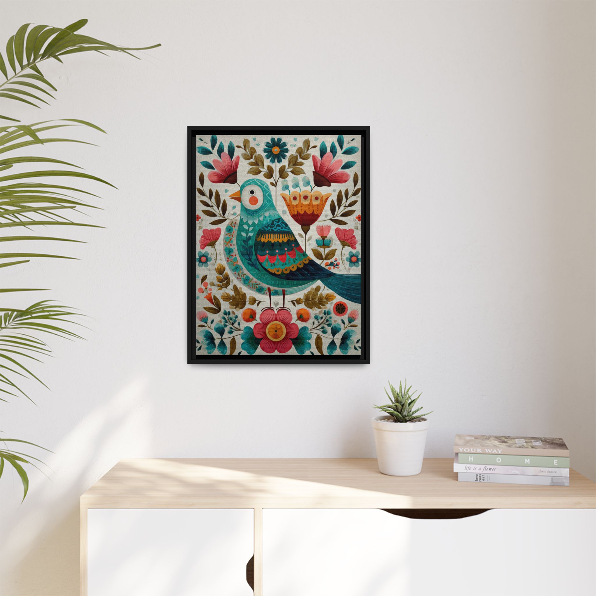 Folk Art Bird Print | Scandinavian Floral Illustration Boho | Framed Canvas Print - Image 27