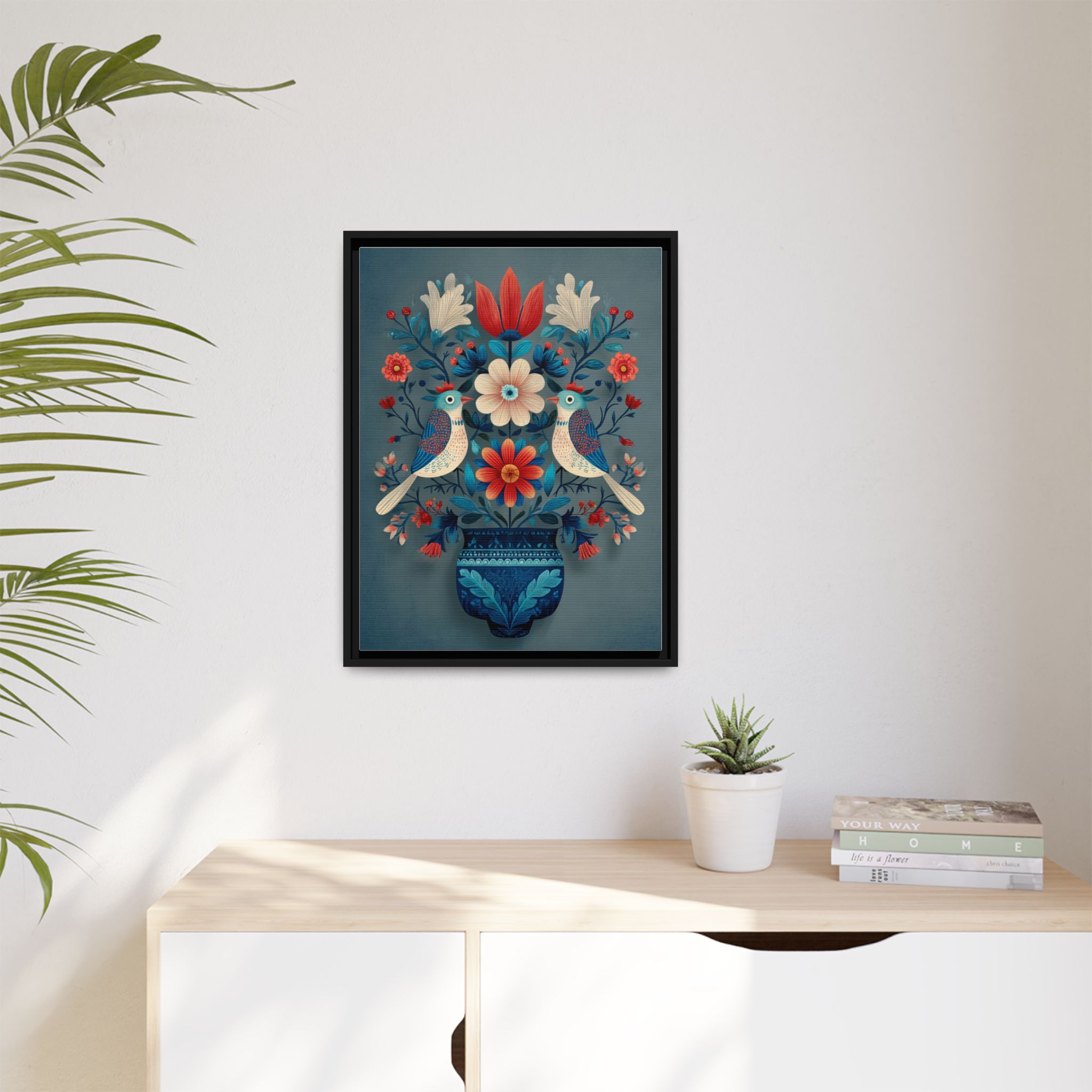 Folk Art Birds Floral Vase Print | Scandinavian Style Wall Art | Framed Canvas Print - Image 27