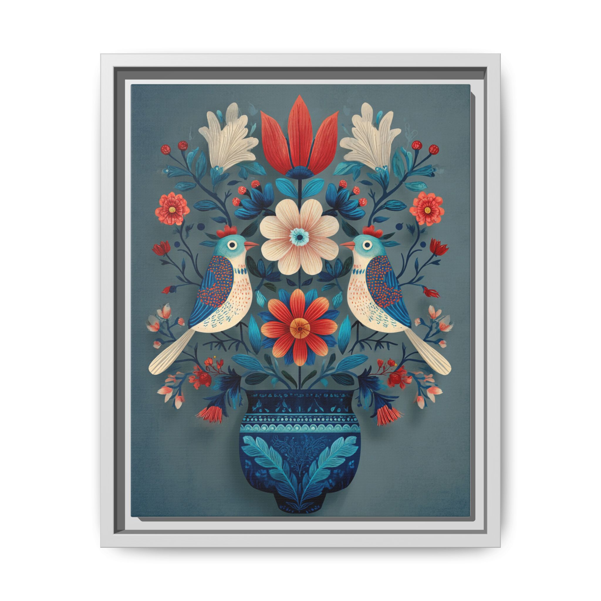 Folk Art Birds Floral Vase Print | Scandinavian Style Wall Art | Framed Canvas Print - Image 33