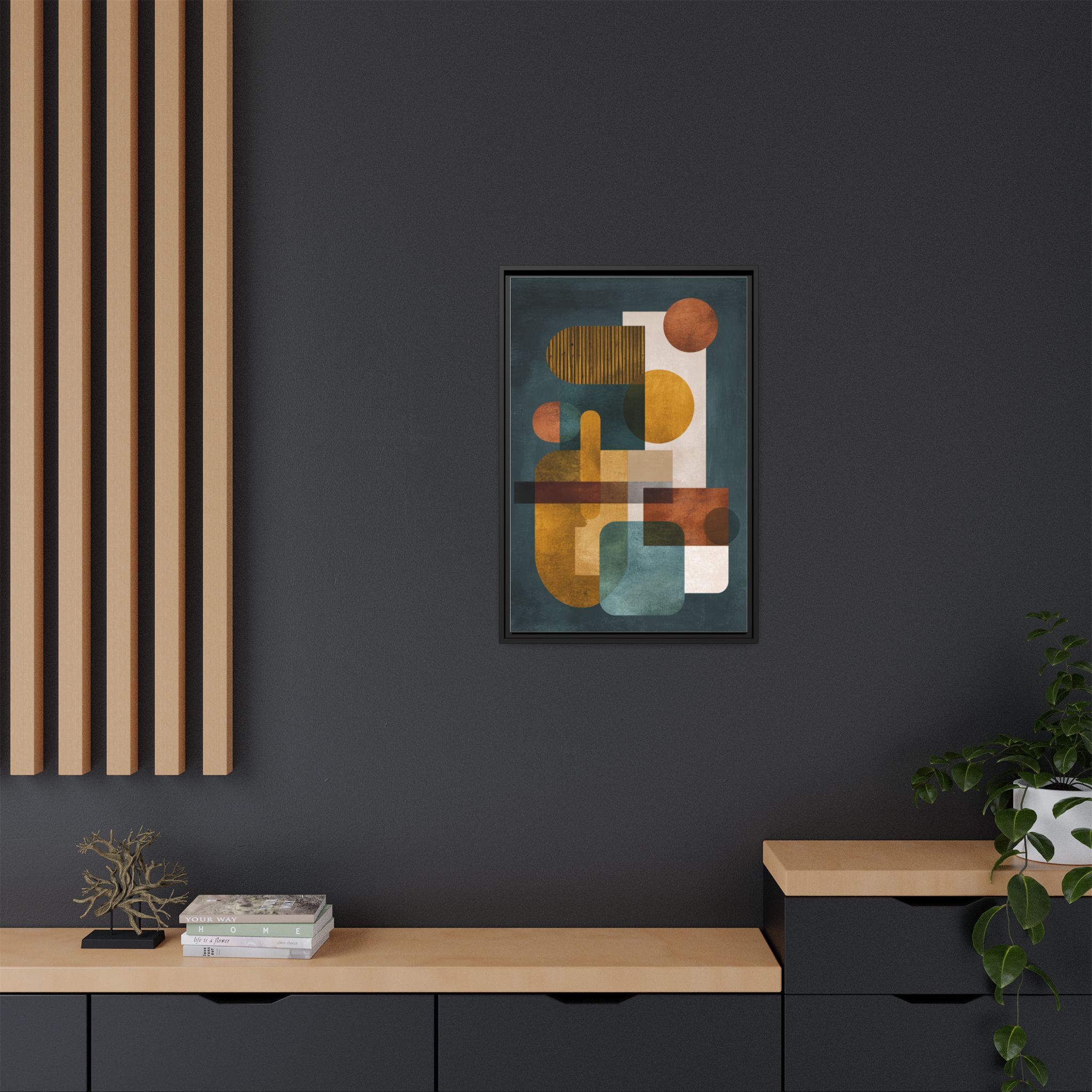 Mid Century Geometric Wall Art Print | Navy Gold Terracotta Abstract Shapes | Boho Modern Living Room Art | Framed Canvas Print - Image 12