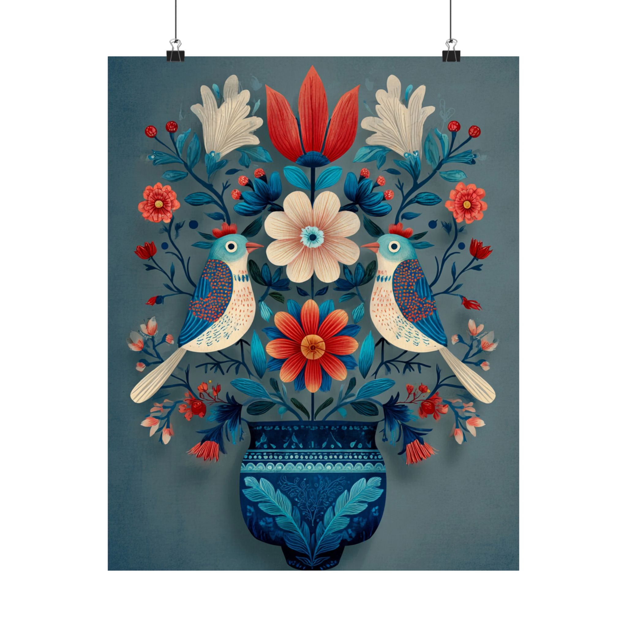 Folk Art Birds Floral Vase Print | Scandinavian Style Wall Art | Matte Poster Print - Image 9