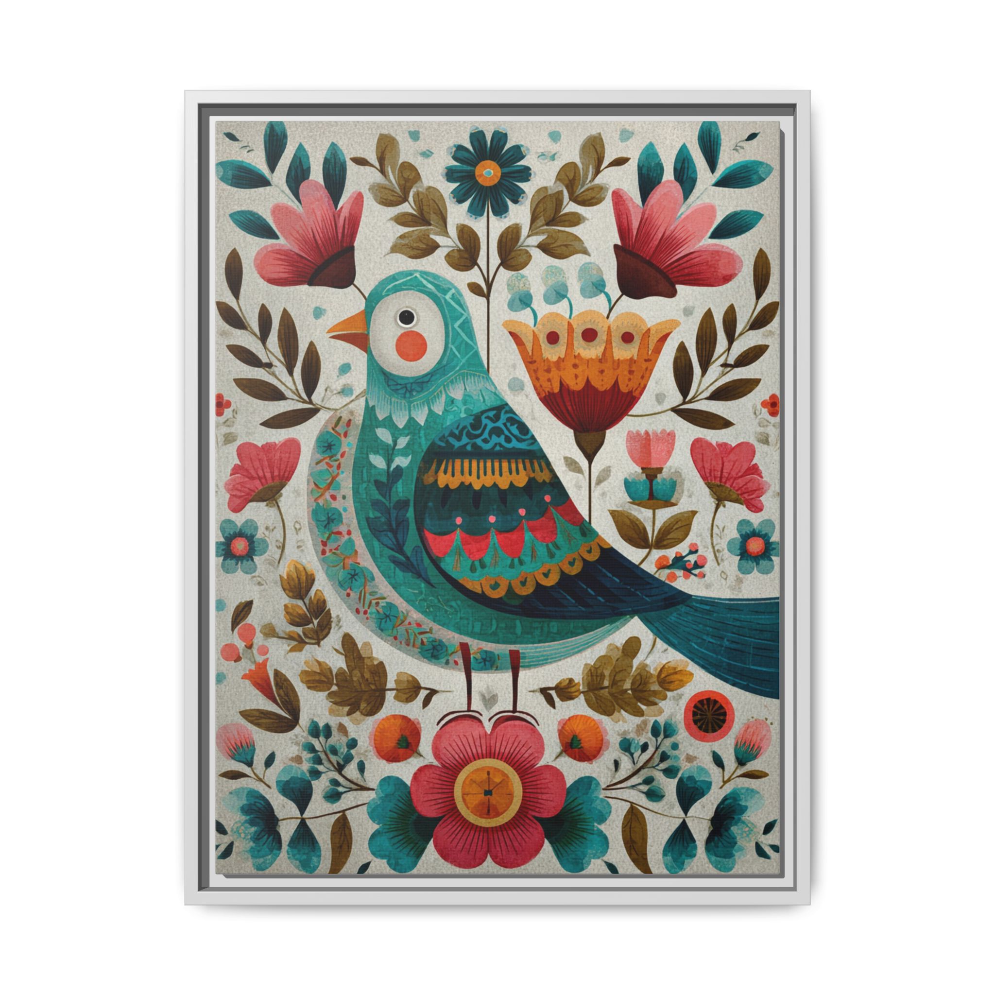 Folk Art Bird Print | Scandinavian Floral Illustration Boho | Framed Canvas Print - Image 29