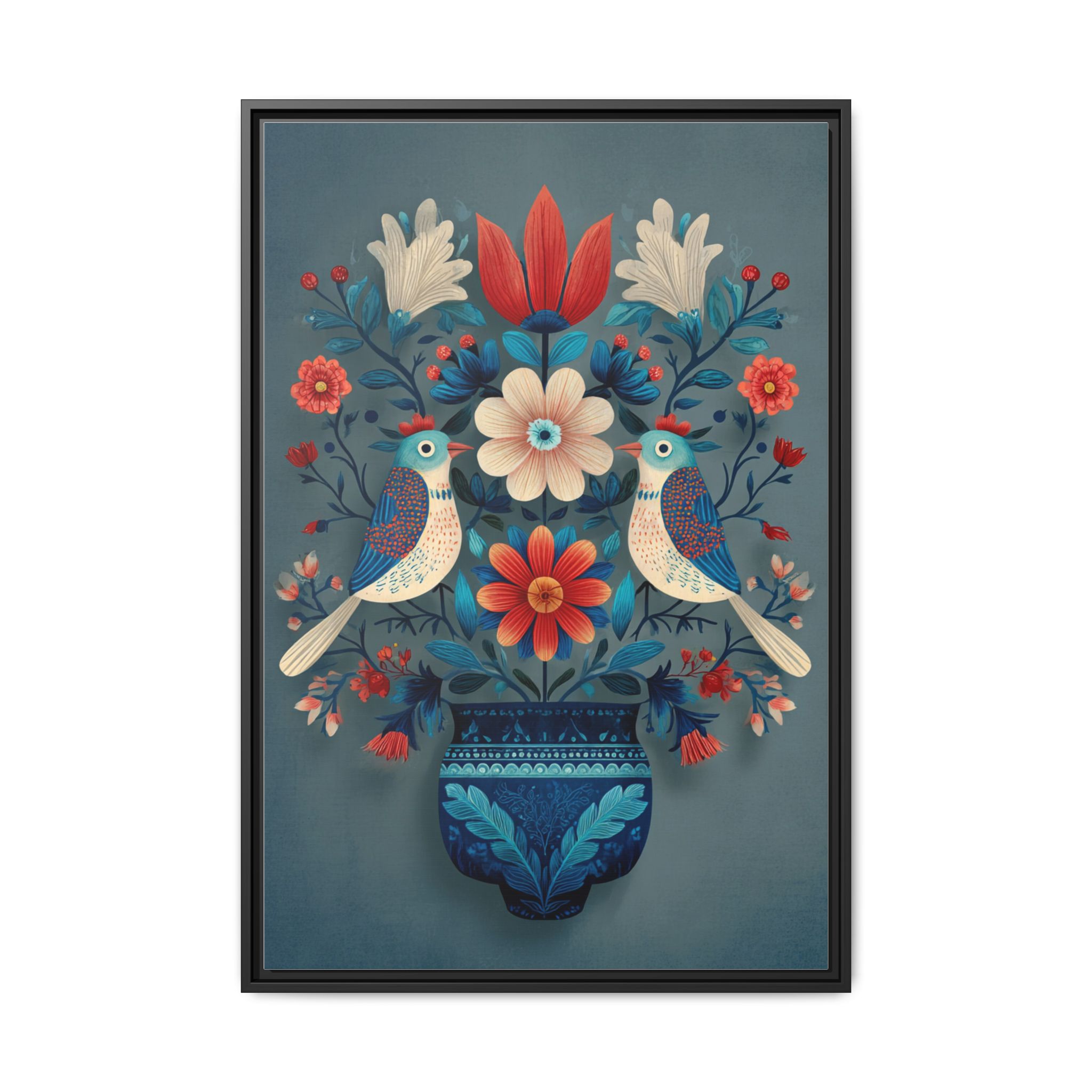 Folk Art Birds Floral Vase Print | Scandinavian Style Wall Art | Framed Canvas Print - Image 17