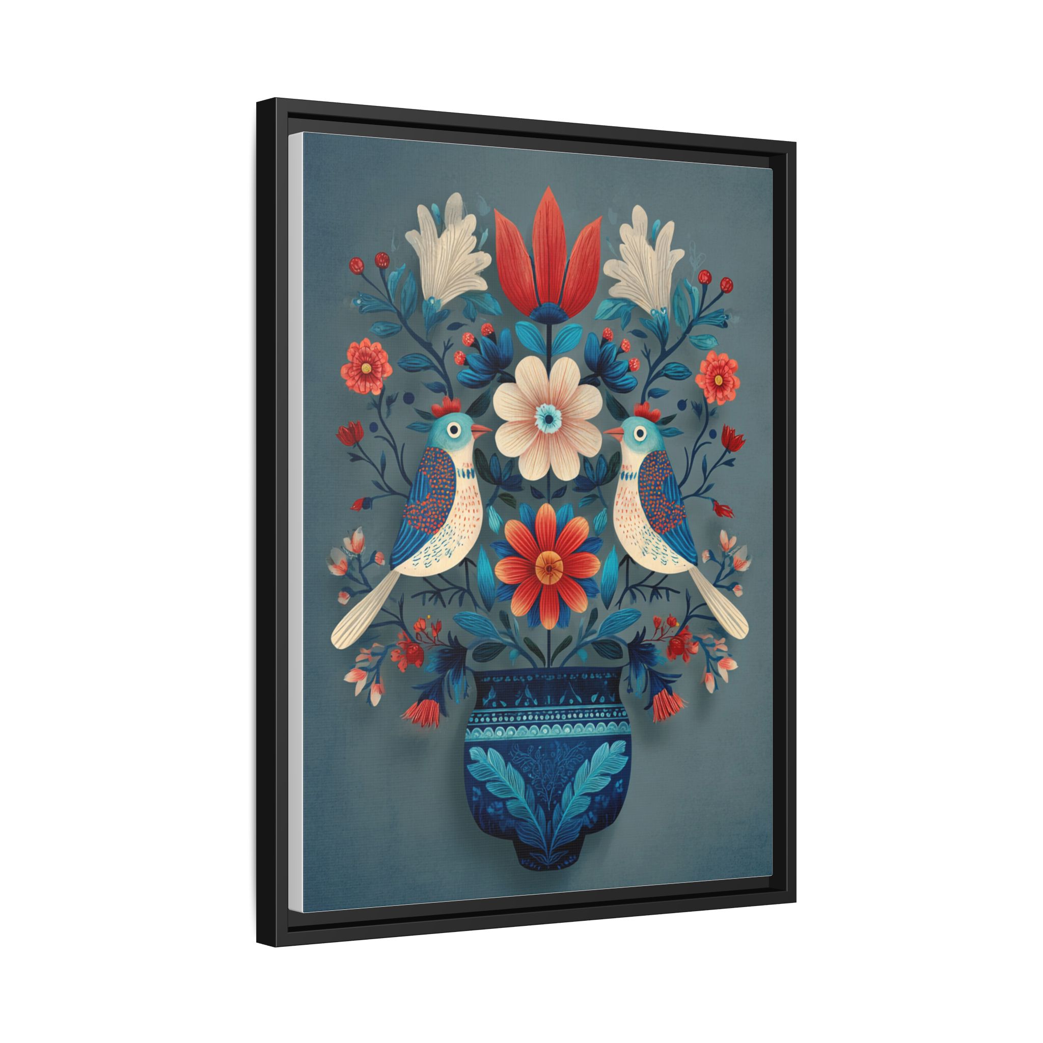 Folk Art Birds Floral Vase Print | Scandinavian Style Wall Art | Framed Canvas Print - Image 26
