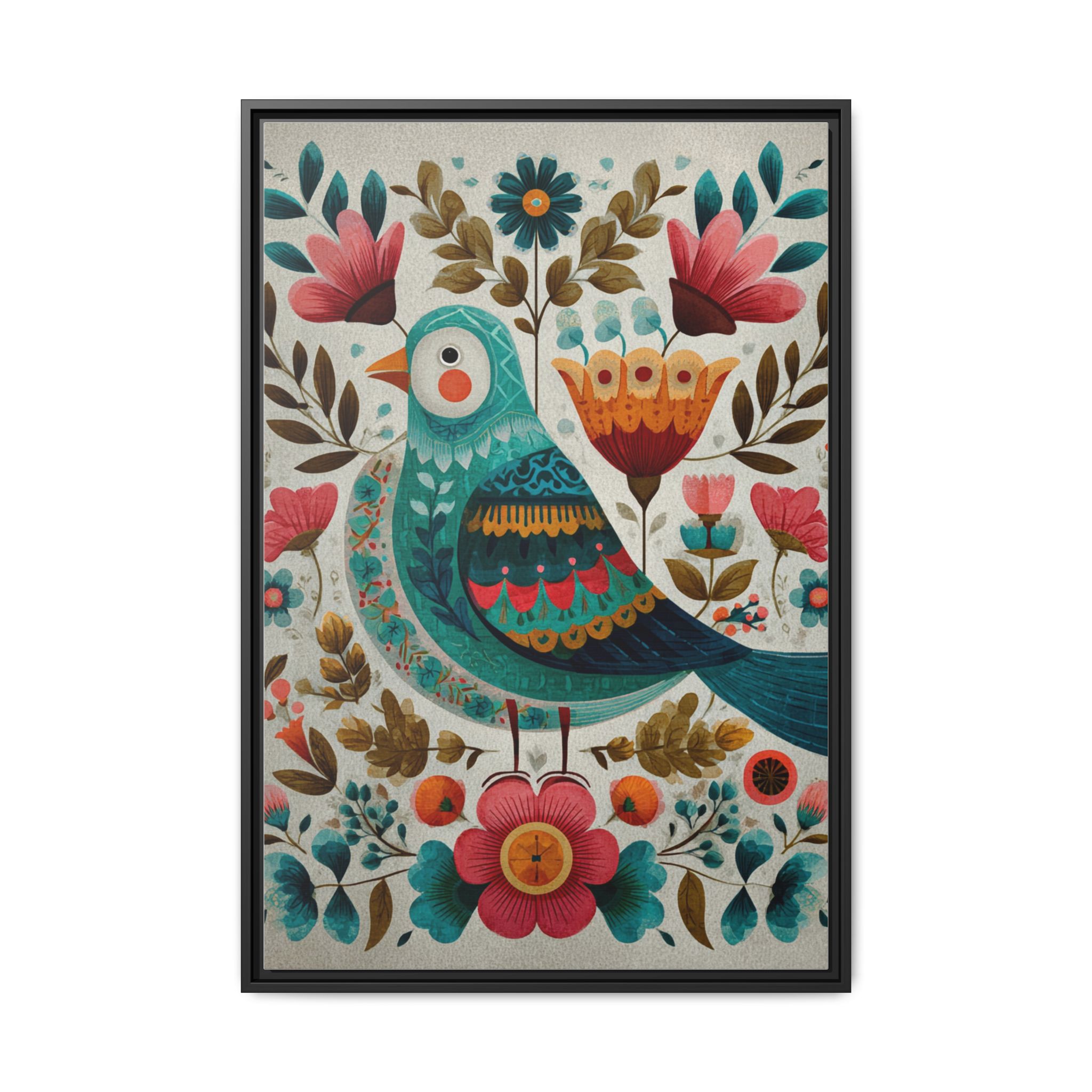Folk Art Bird Print | Scandinavian Floral Illustration Boho | Framed Canvas Print - Image 17