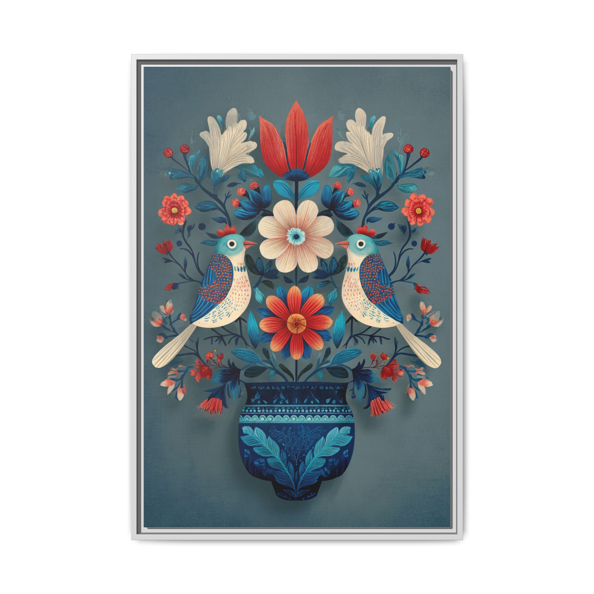 Folk Art Birds Floral Vase Print | Scandinavian Style Wall Art | Framed Canvas Print - Image 21