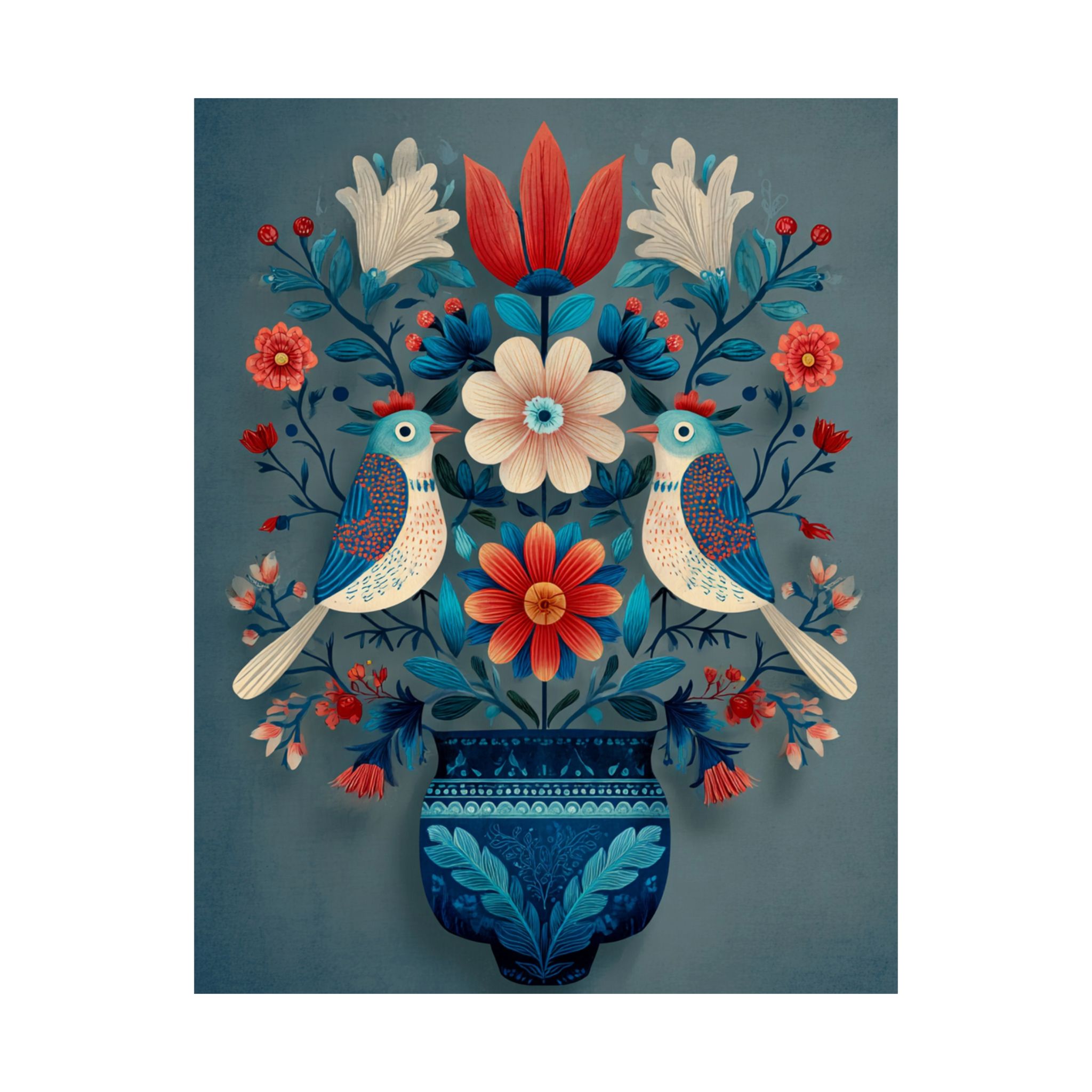 Folk Art Birds Floral Vase Print | Scandinavian Style Wall Art | Matte Poster Print - Image 18