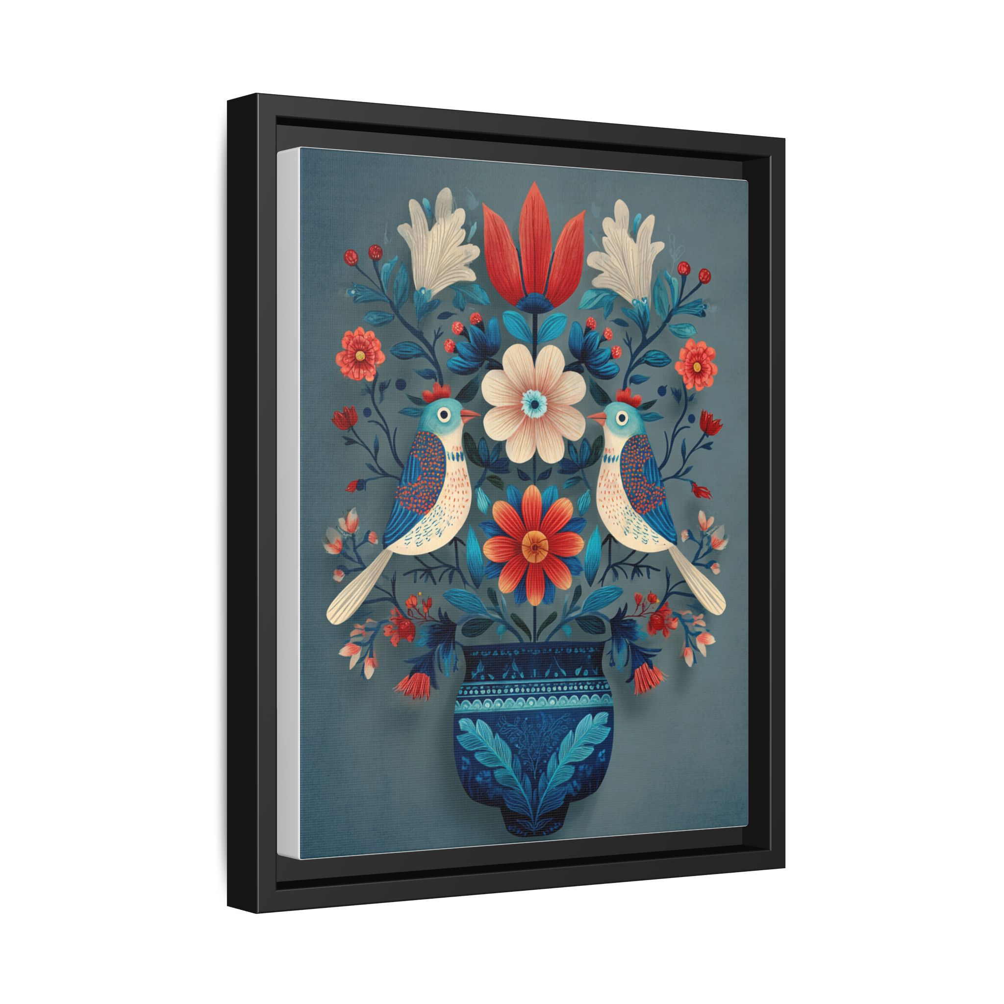 Folk Art Birds Floral Vase Print | Scandinavian Style Wall Art | Framed Canvas Print - Image 38