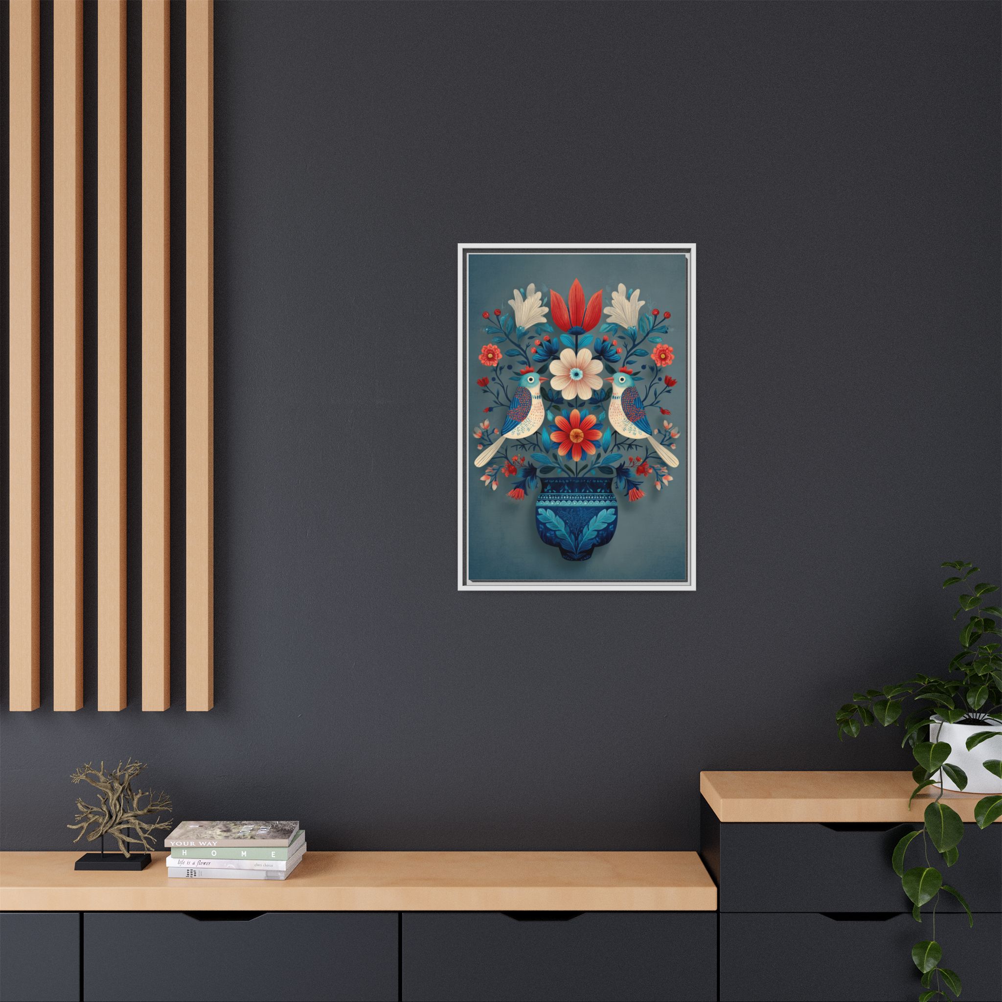 Folk Art Birds Floral Vase Print | Scandinavian Style Wall Art | Framed Canvas Print - Image 8