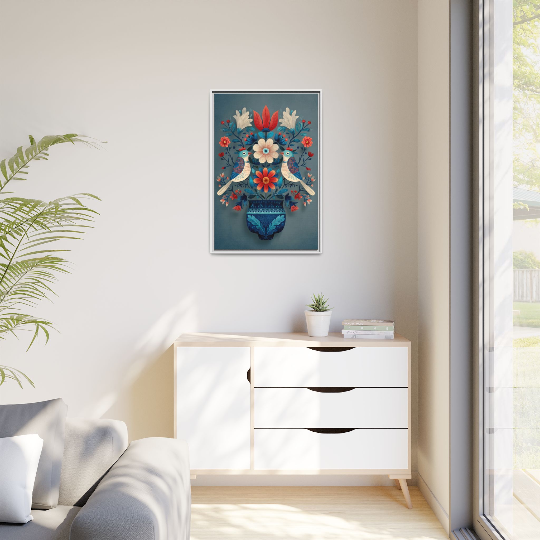 Folk Art Birds Floral Vase Print | Scandinavian Style Wall Art | Framed Canvas Print - Image 23