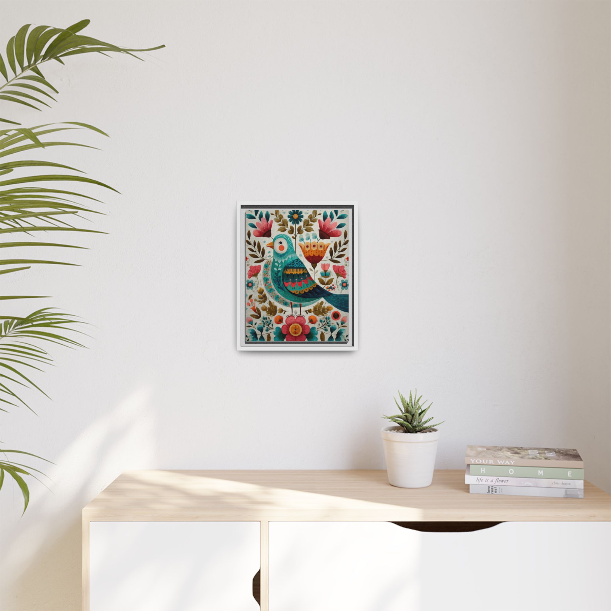 Folk Art Bird Print | Scandinavian Floral Illustration Boho | Framed Canvas Print - Image 35