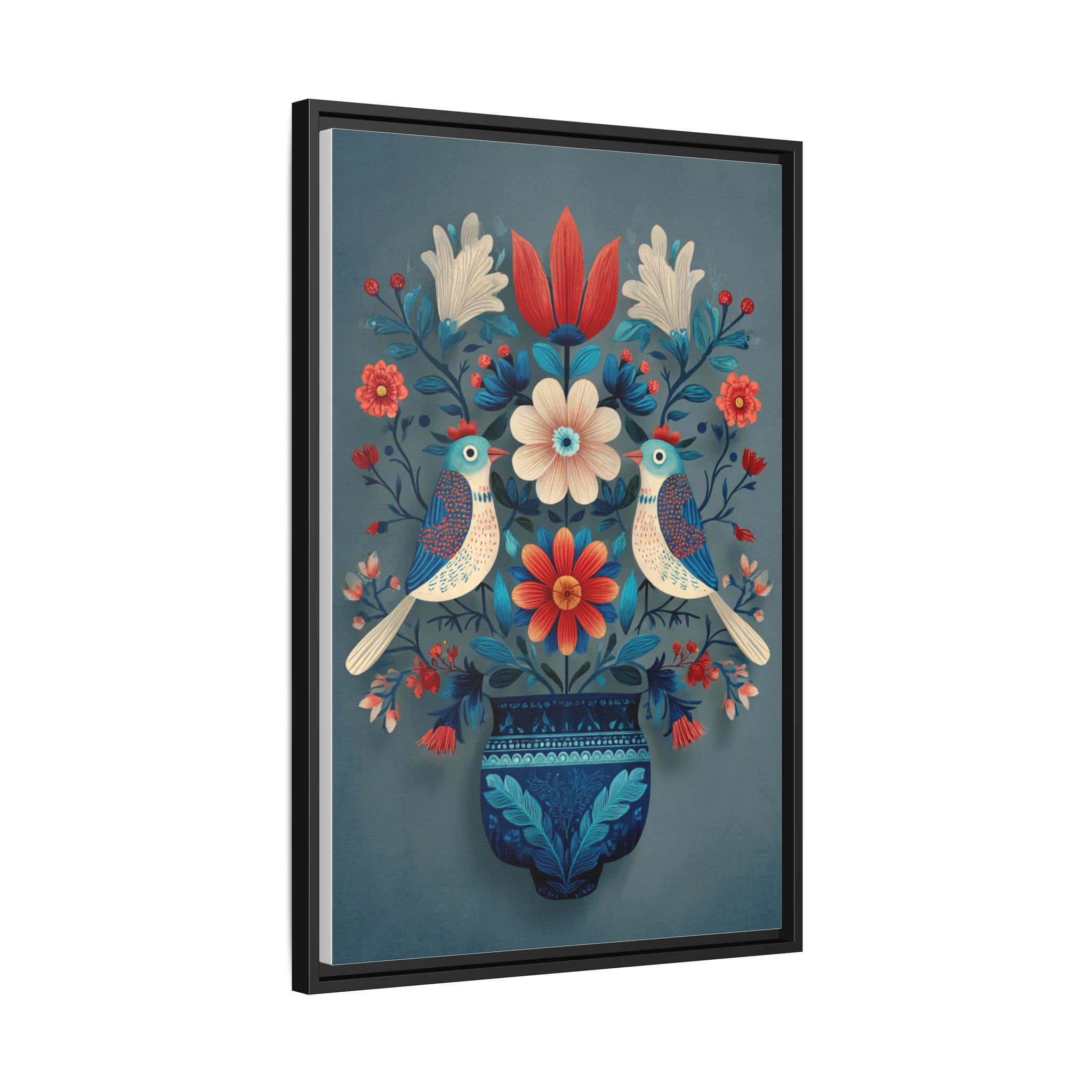 Folk Art Birds Floral Vase Print | Scandinavian Style Wall Art | Framed Canvas Print - Image 2