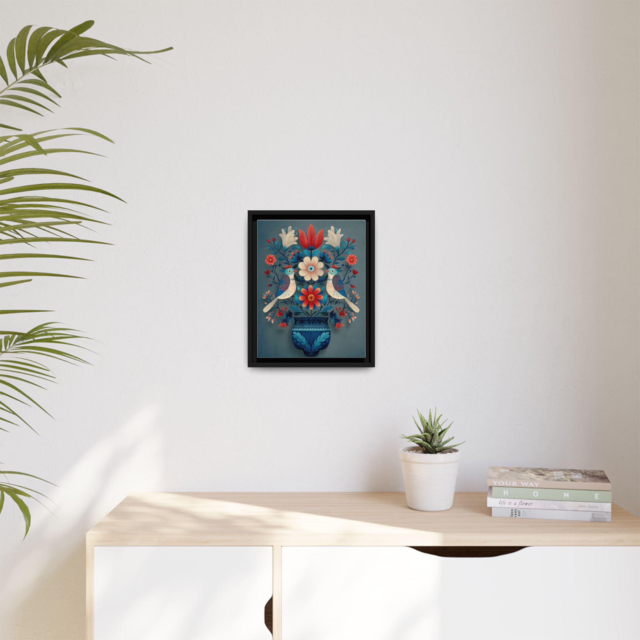 Folk Art Birds Floral Vase Print | Scandinavian Style Wall Art | Framed Canvas Print - Image 39
