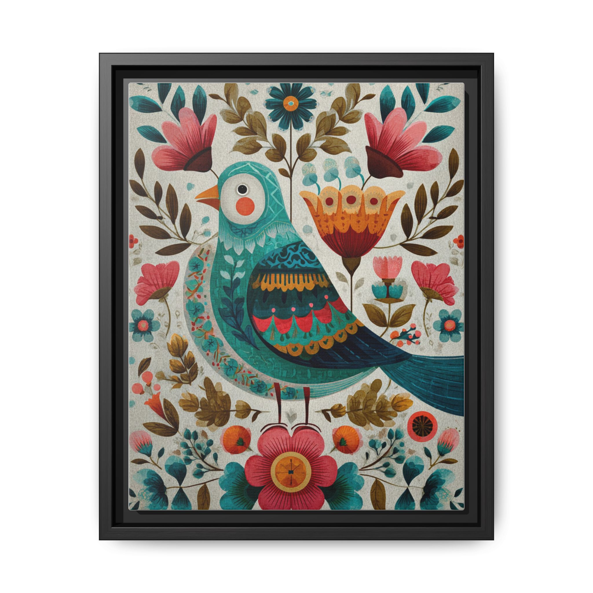 Folk Art Bird Print | Scandinavian Floral Illustration Boho | Framed Canvas Print - Image 37