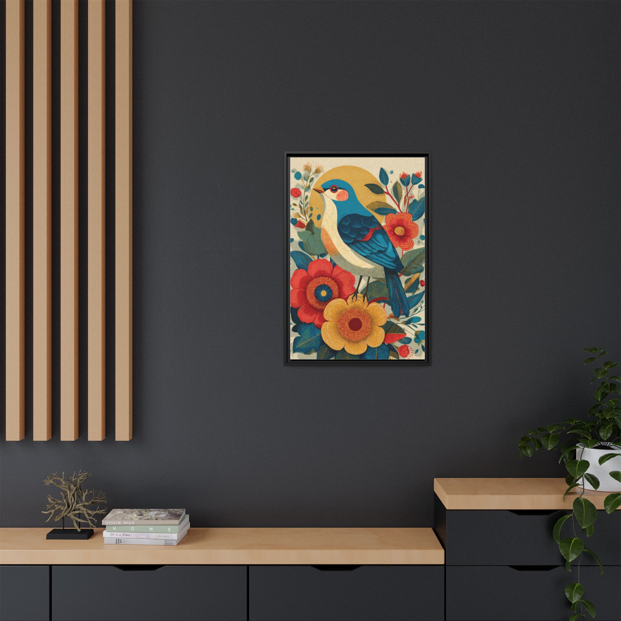 Folk Art Bird Print | Vintage Botanical Floral Illustration | Framed Canvas Print - Image 4