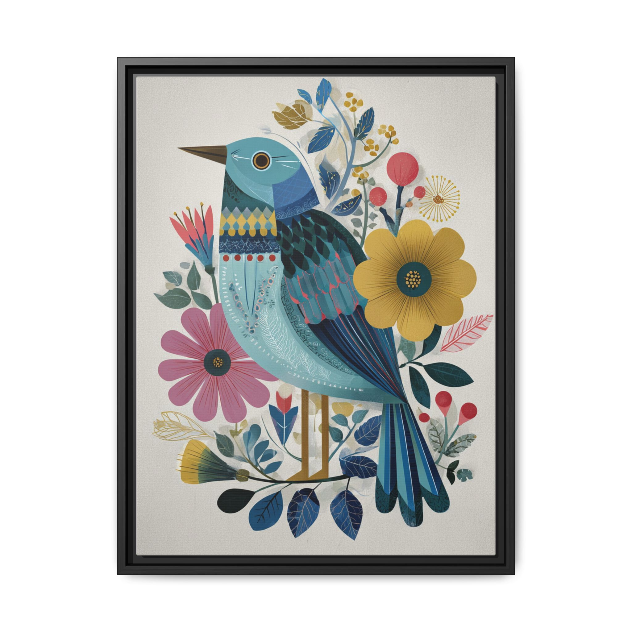 Folk Art Bird Print | Colorful Floral Nature Poster | Framed Canvas Print - Image 25