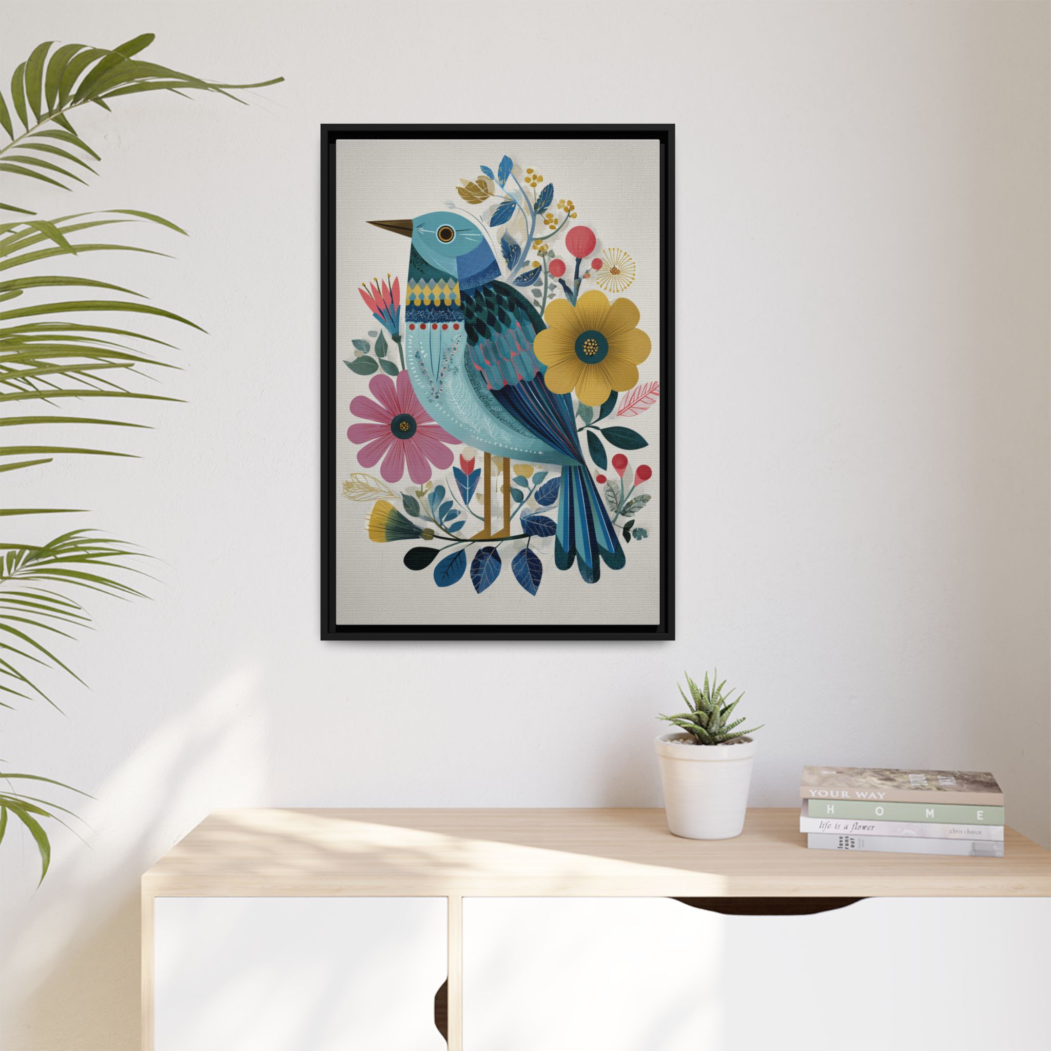 Folk Art Bird Print | Colorful Floral Nature Poster | Framed Canvas Print - Image 3