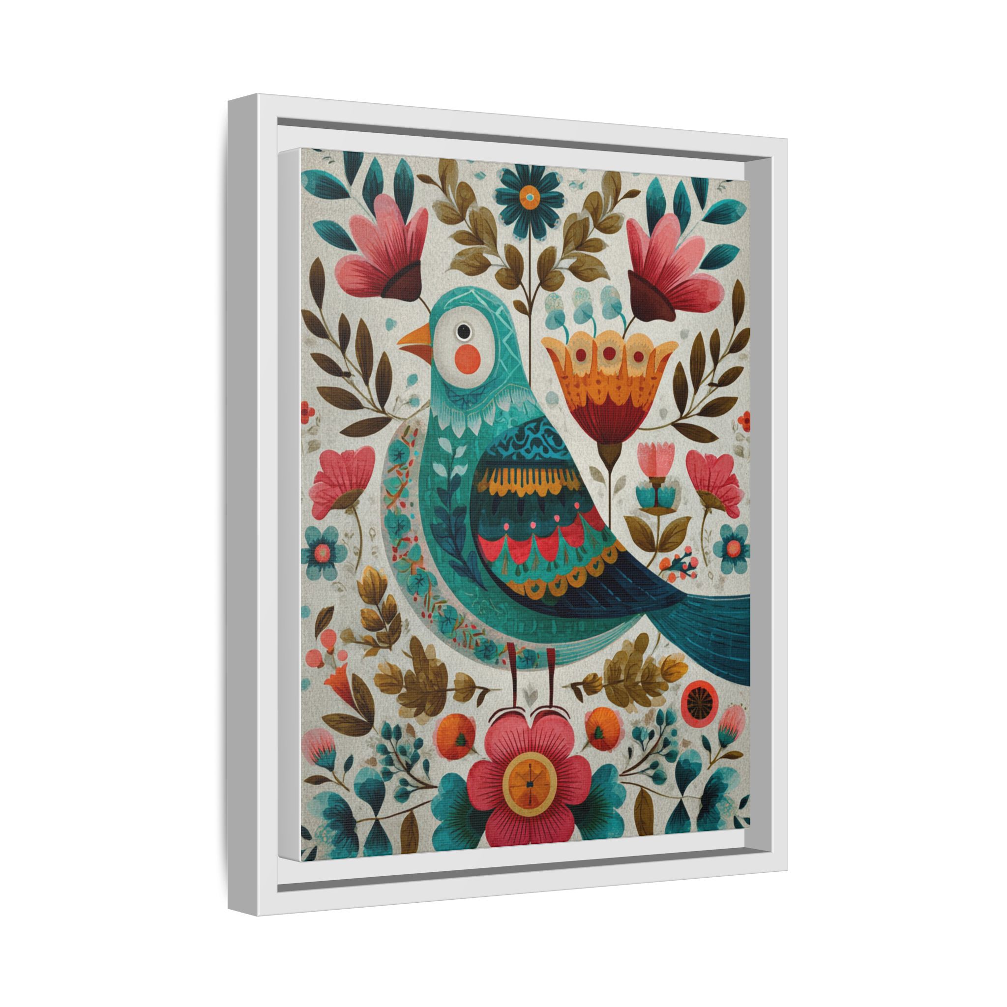 Folk Art Bird Print | Scandinavian Floral Illustration Boho | Framed Canvas Print - Image 34