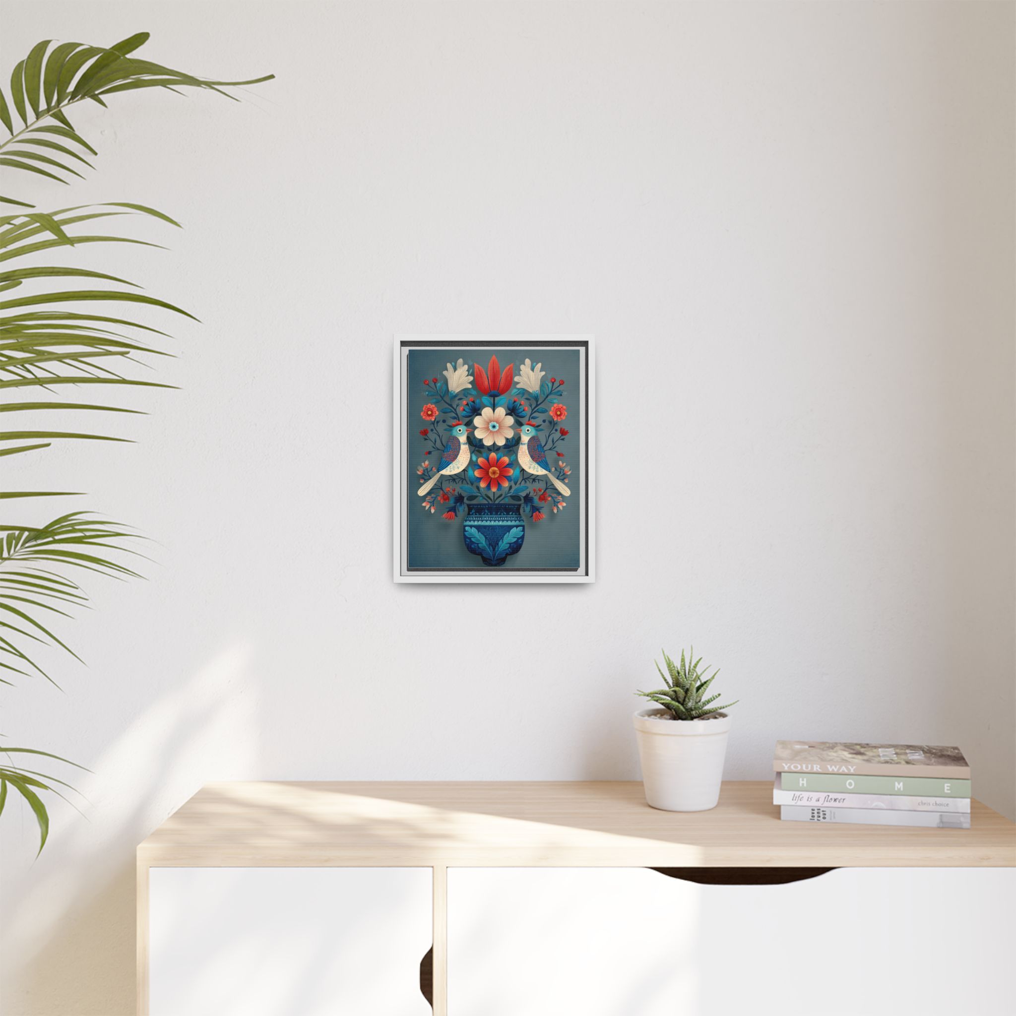 Folk Art Birds Floral Vase Print | Scandinavian Style Wall Art | Framed Canvas Print - Image 35