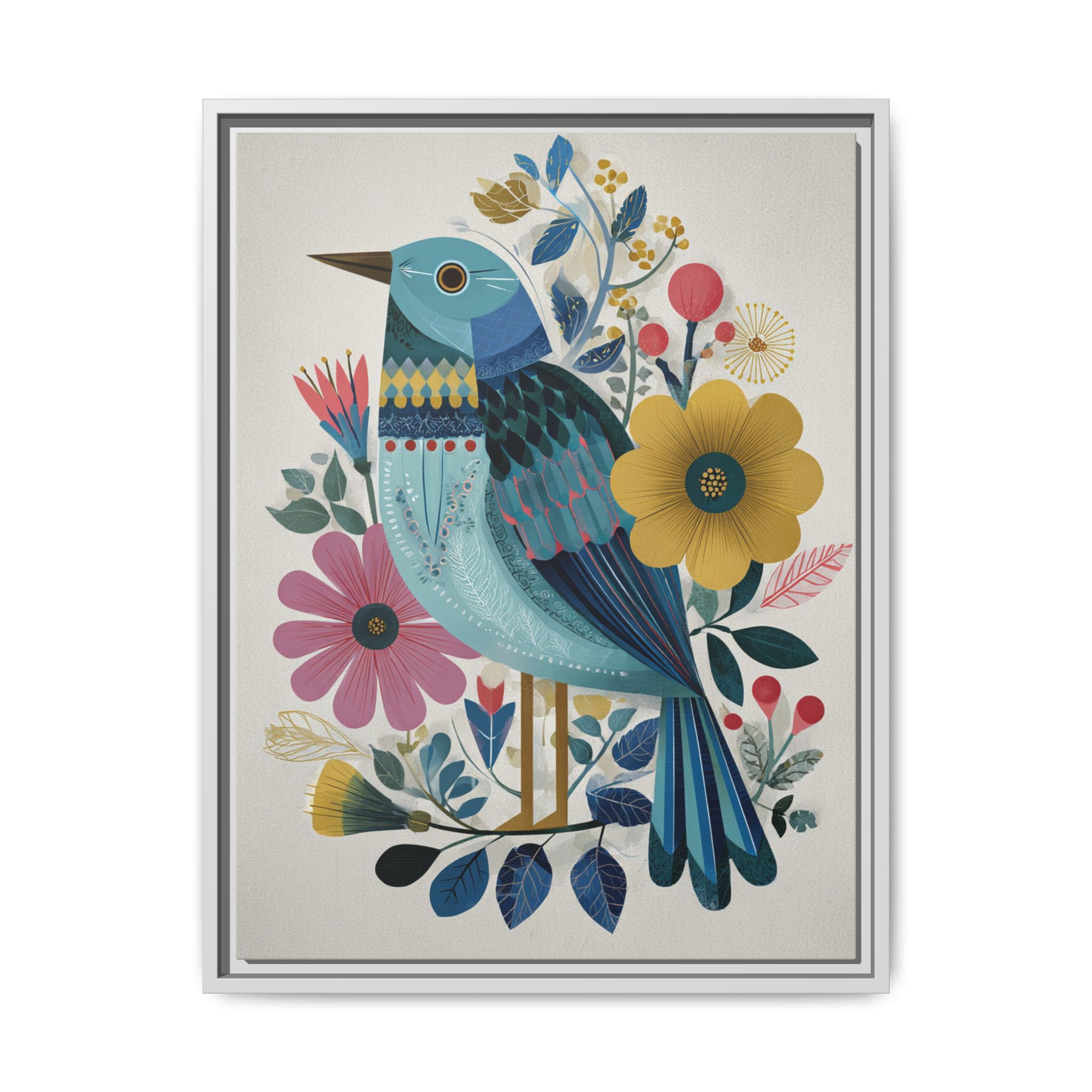 Folk Art Bird Print | Colorful Floral Nature Poster | Framed Canvas Print - Image 29