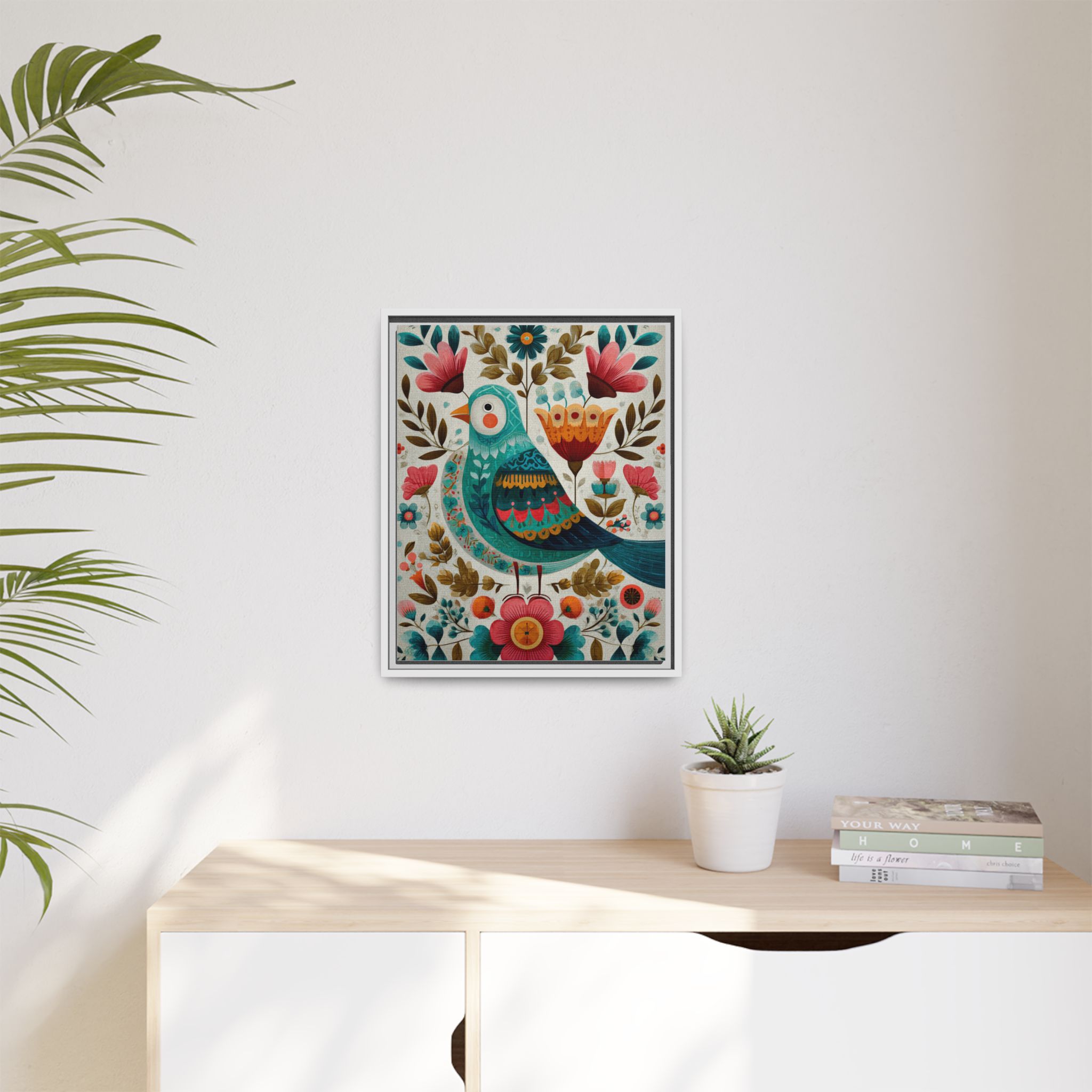 Folk Art Bird Print | Scandinavian Floral Illustration Boho | Framed Canvas Print - Image 11