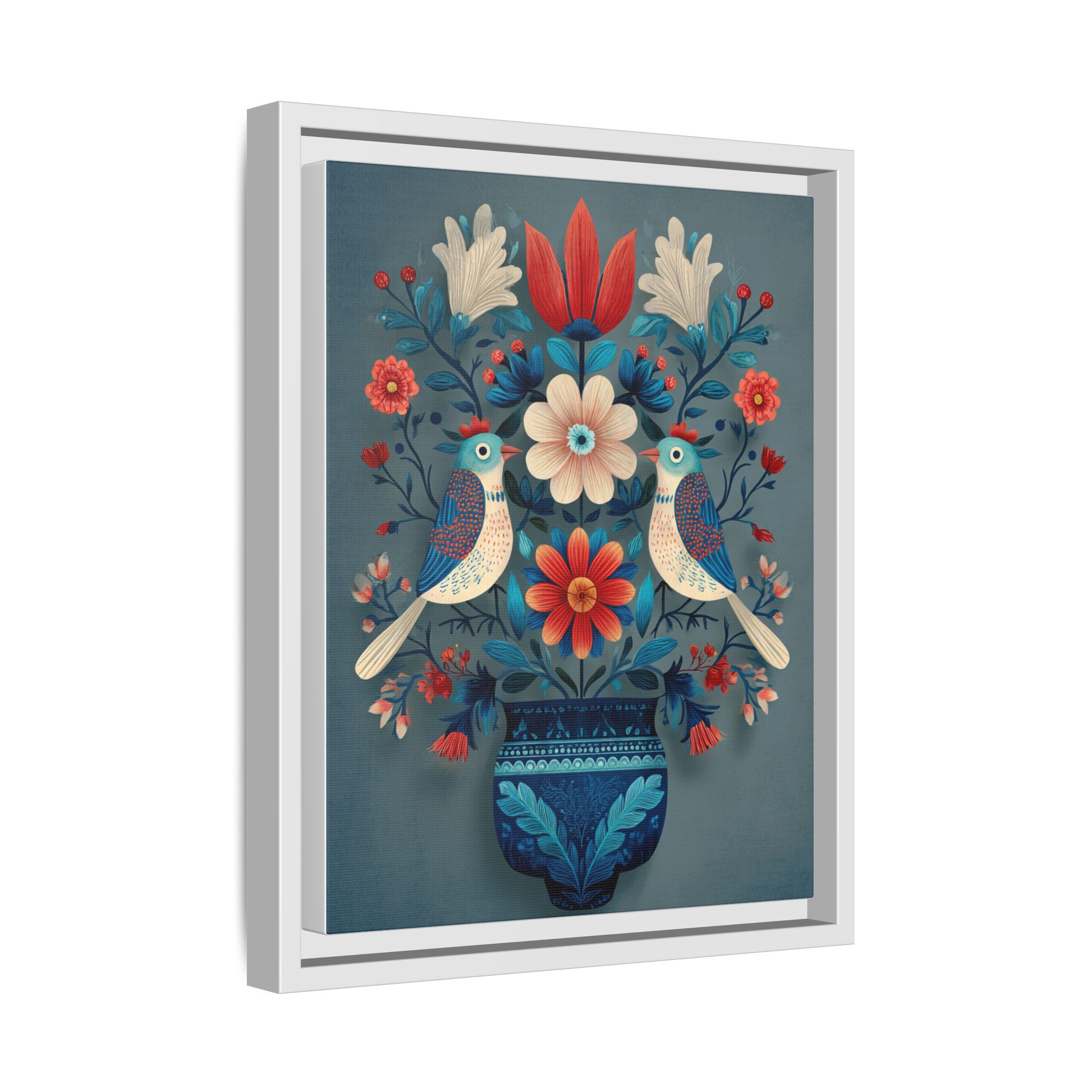 Folk Art Birds Floral Vase Print | Scandinavian Style Wall Art | Framed Canvas Print - Image 34