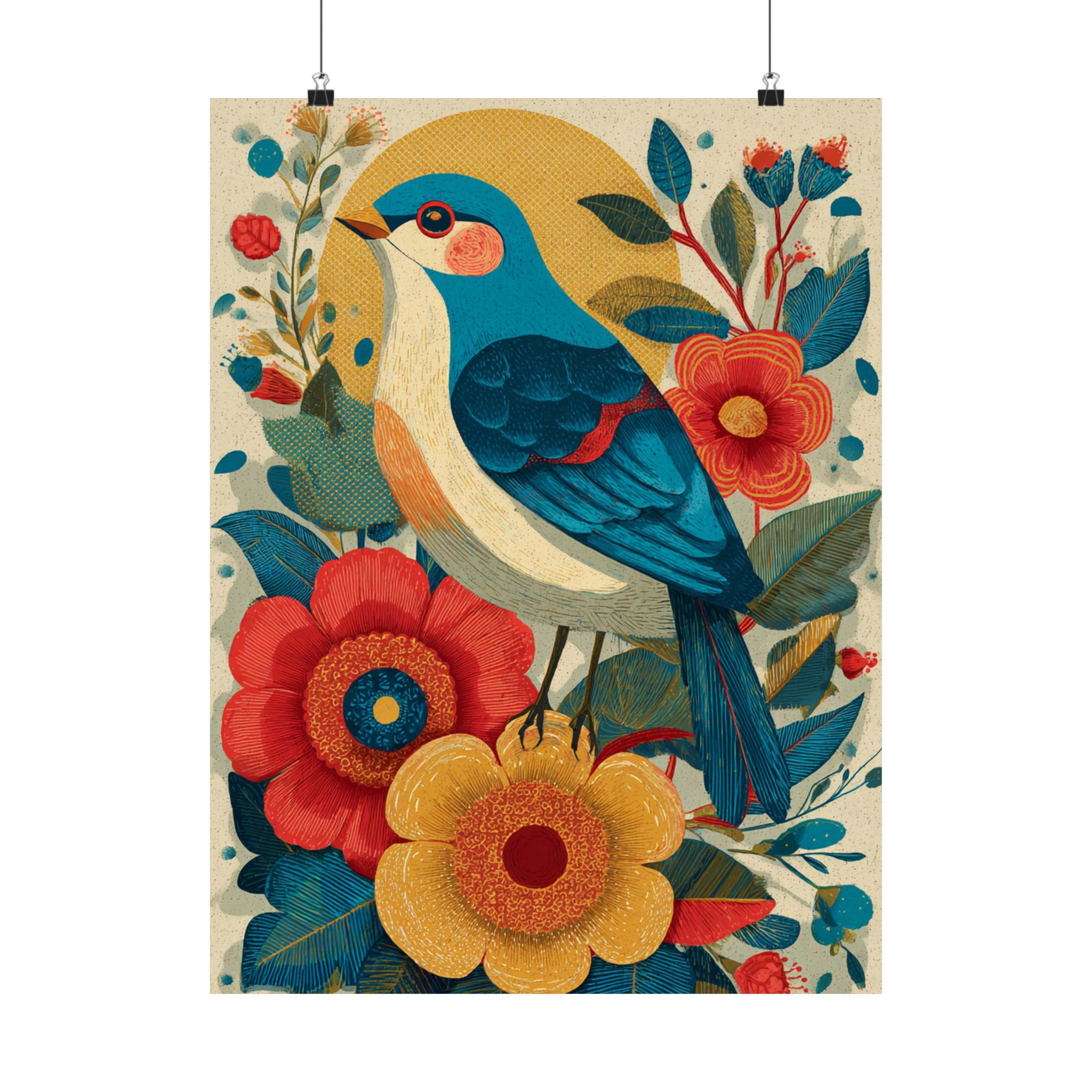 Folk Art Bird Print | Vintage Botanical Floral Illustration | Matte Poster Print - Image 5