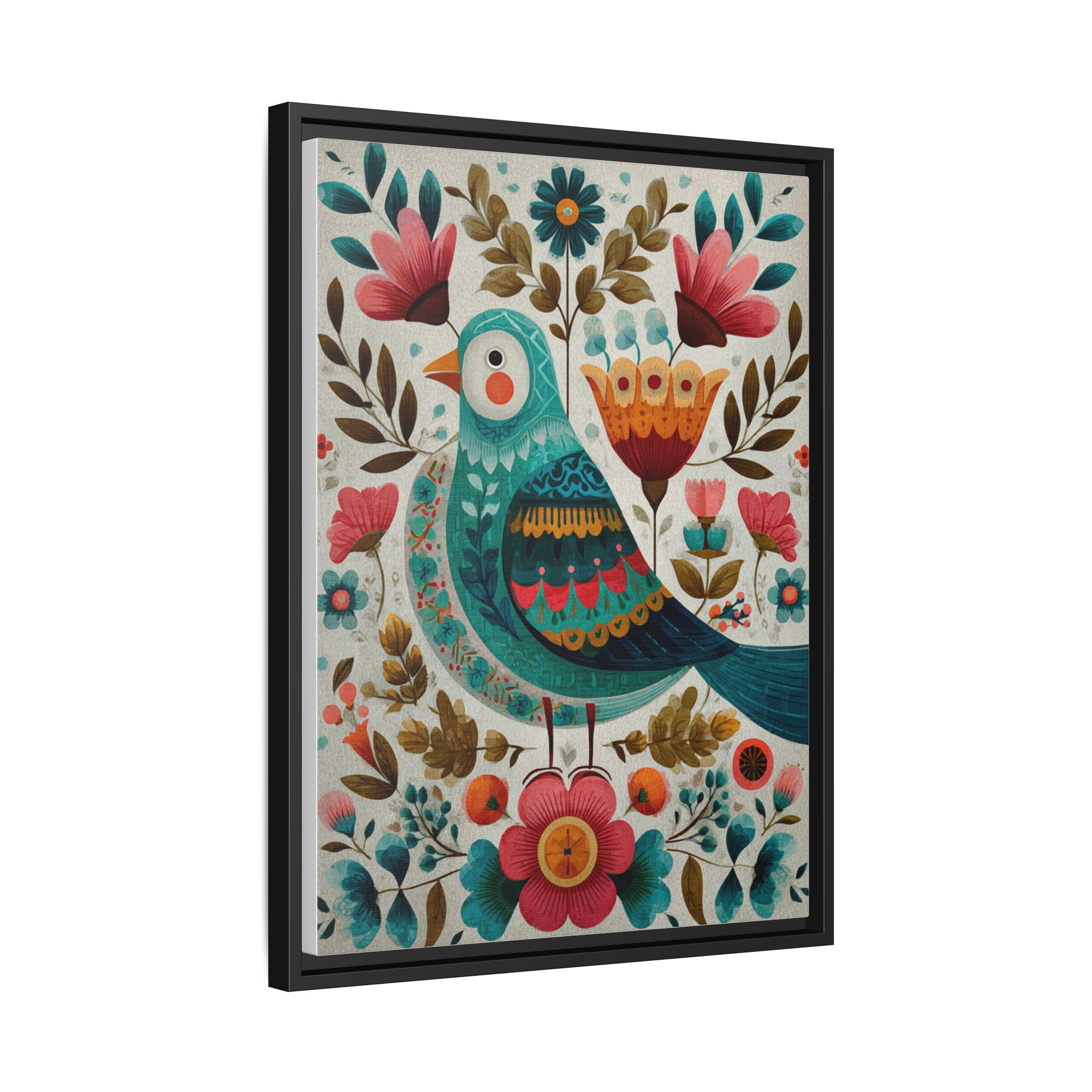Folk Art Bird Print | Scandinavian Floral Illustration Boho | Framed Canvas Print - Image 26