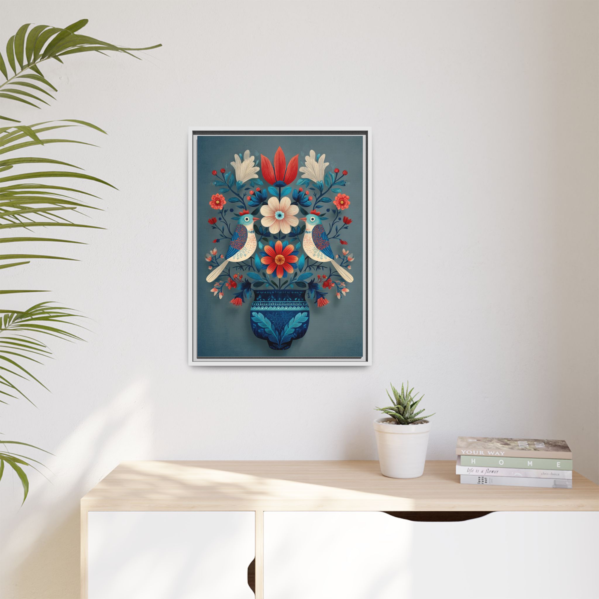 Folk Art Birds Floral Vase Print | Scandinavian Style Wall Art | Framed Canvas Print - Image 31