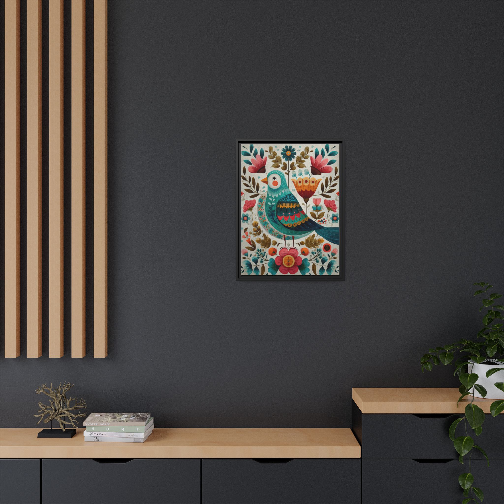 Folk Art Bird Print | Scandinavian Floral Illustration Boho | Framed Canvas Print - Image 28