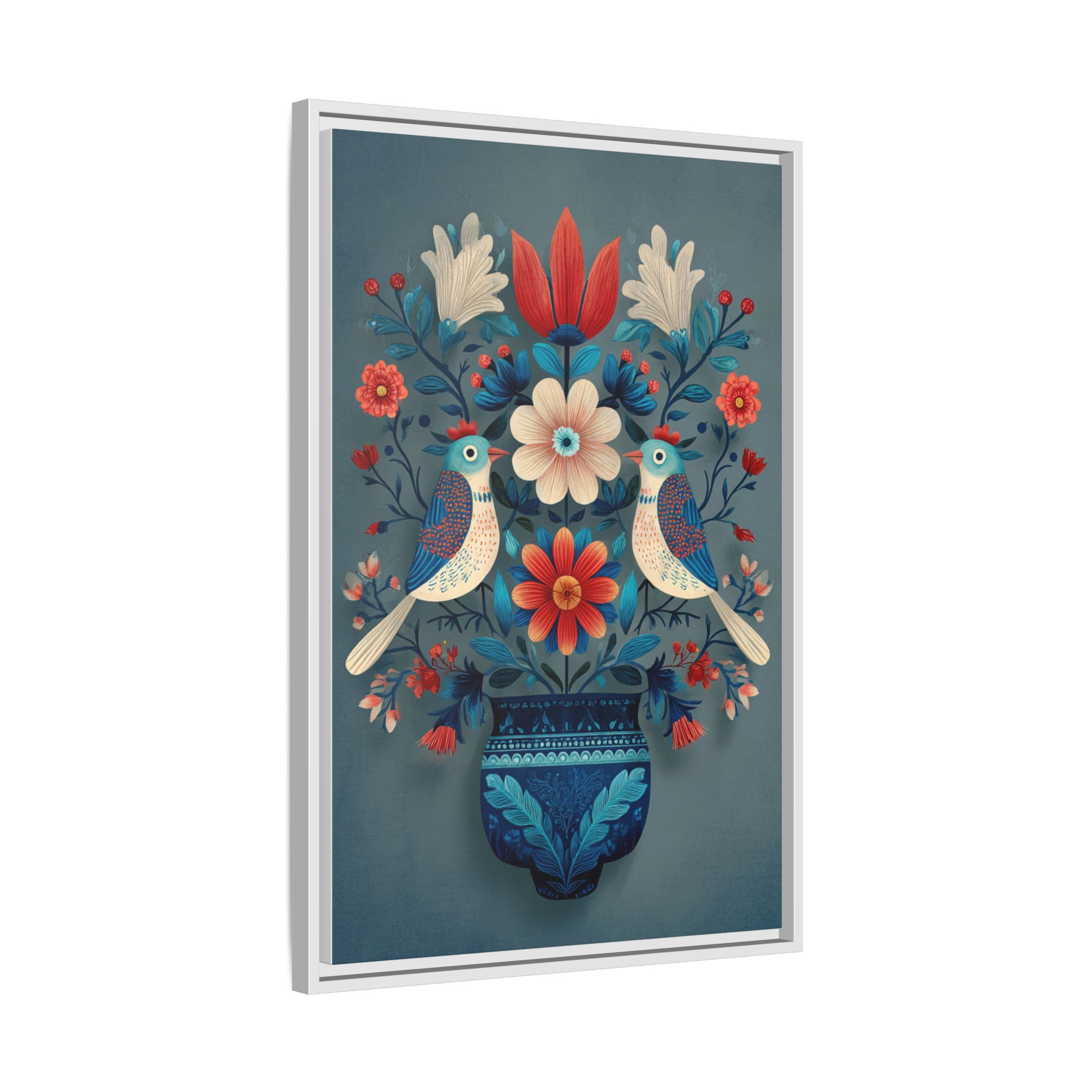 Folk Art Birds Floral Vase Print | Scandinavian Style Wall Art | Framed Canvas Print - Image 6