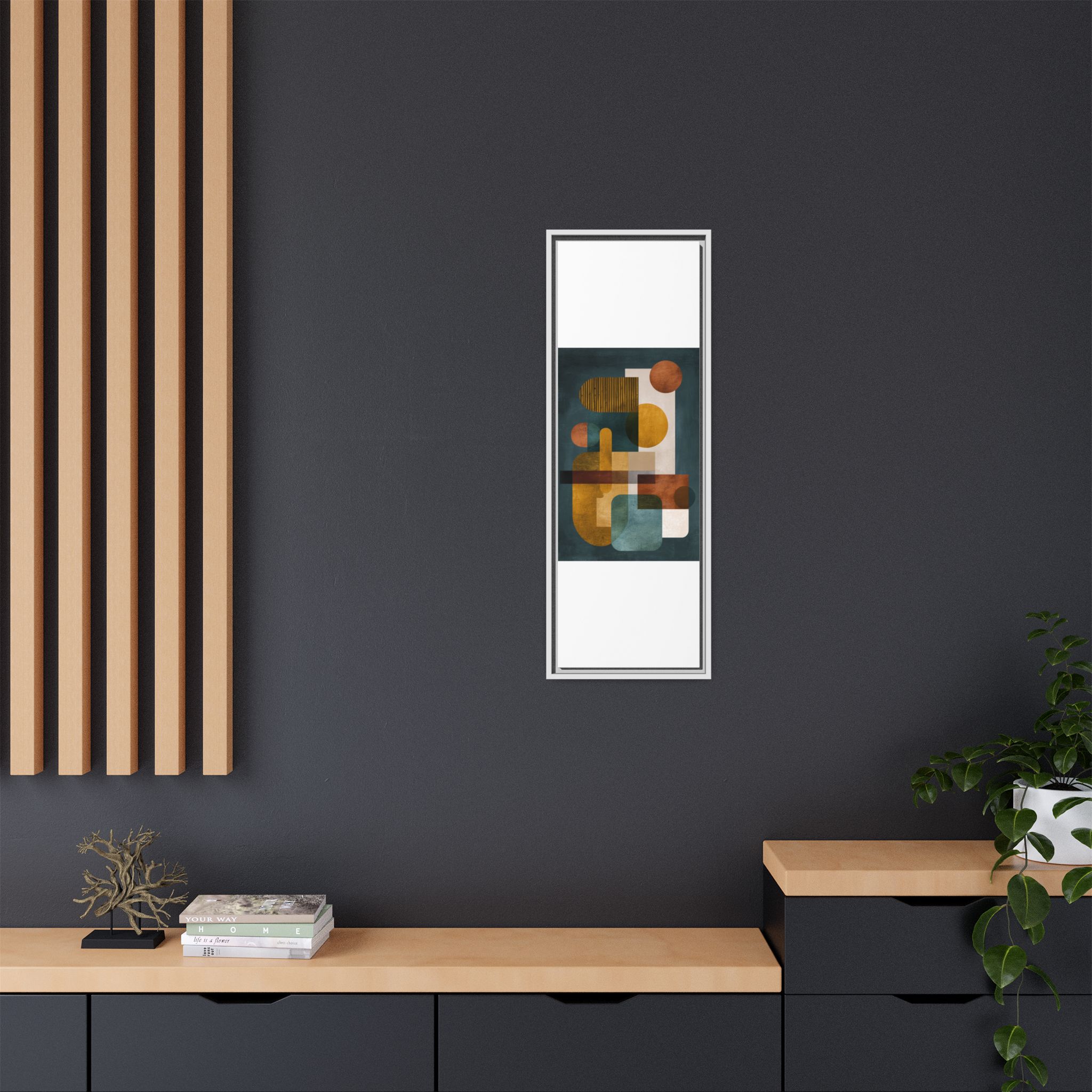 Mid Century Geometric Wall Art Print | Navy Gold Terracotta Abstract Shapes | Boho Modern Living Room Art | Framed Canvas Print - Image 4