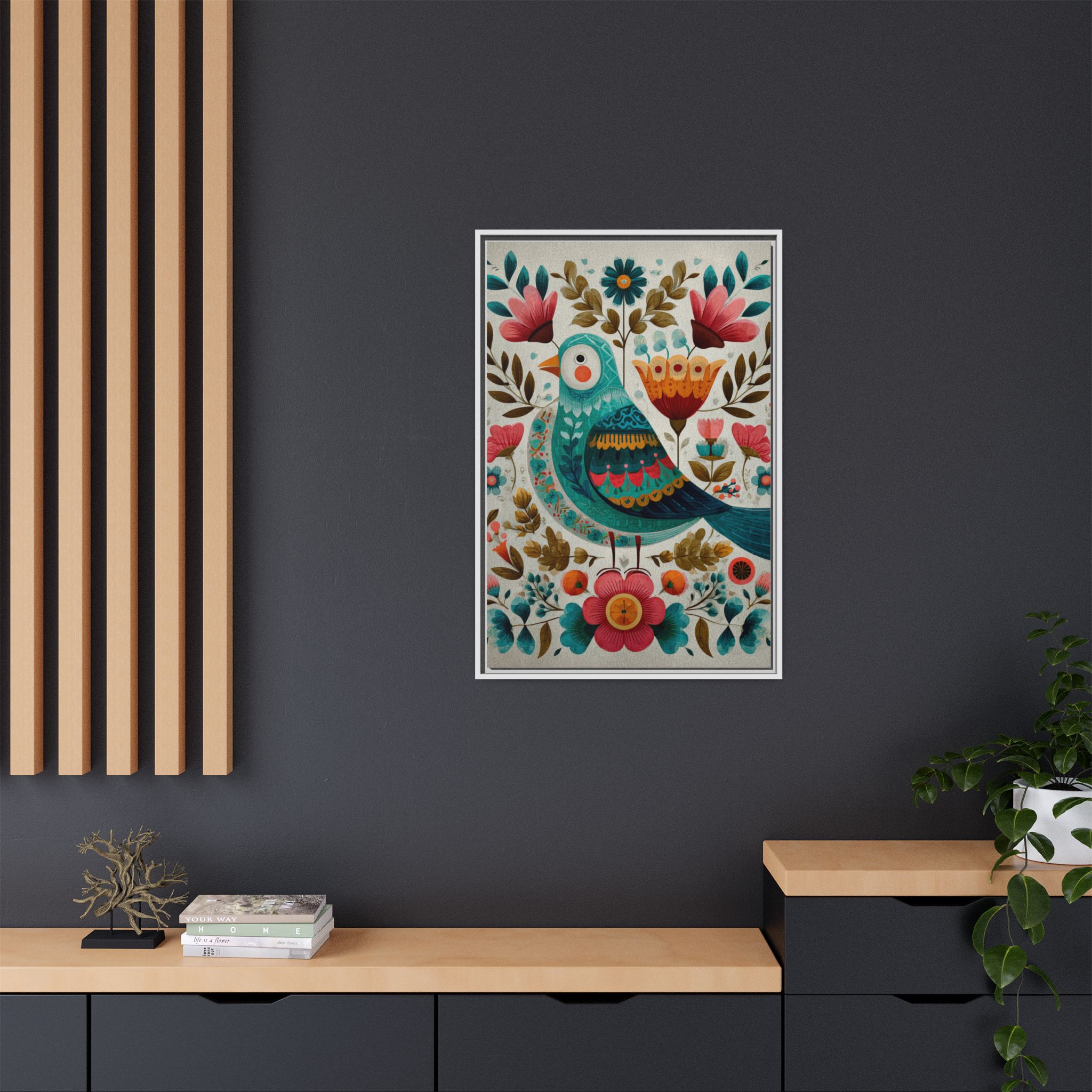 Folk Art Bird Print | Scandinavian Floral Illustration Boho | Framed Canvas Print - Image 24