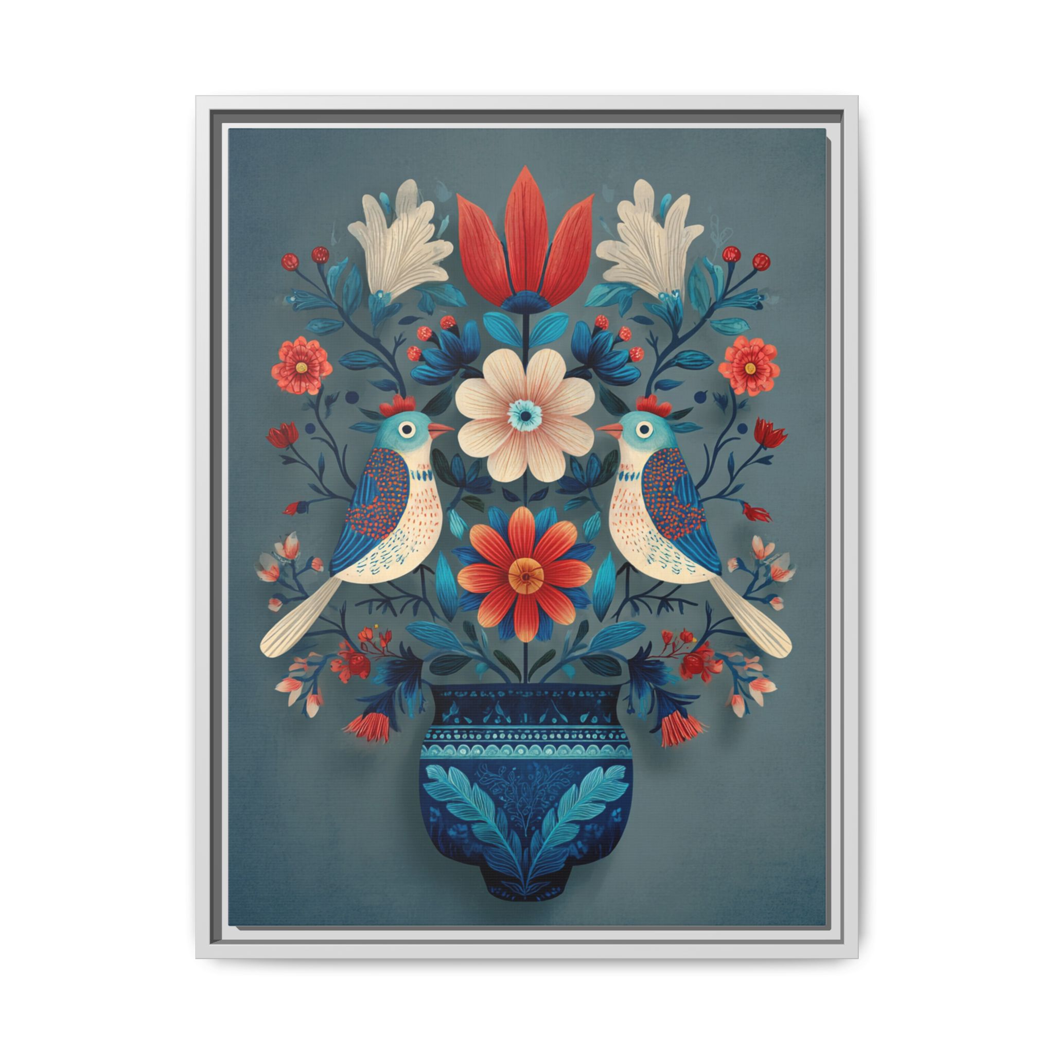 Folk Art Birds Floral Vase Print | Scandinavian Style Wall Art | Framed Canvas Print - Image 29