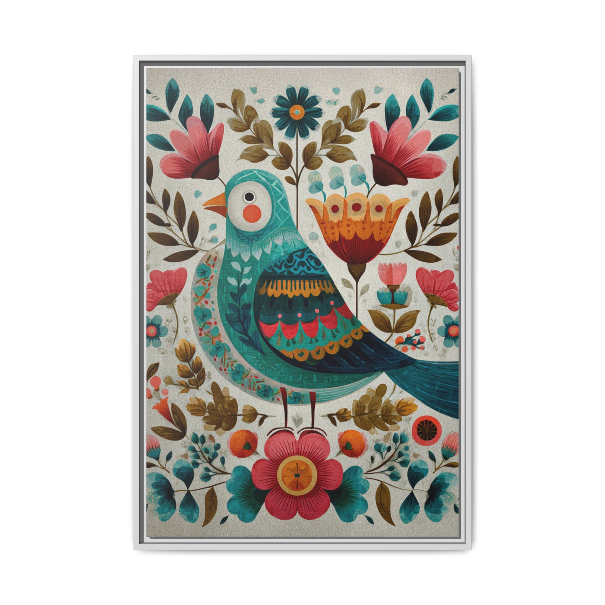 Folk Art Bird Print | Scandinavian Floral Illustration Boho | Framed Canvas Print - Image 21